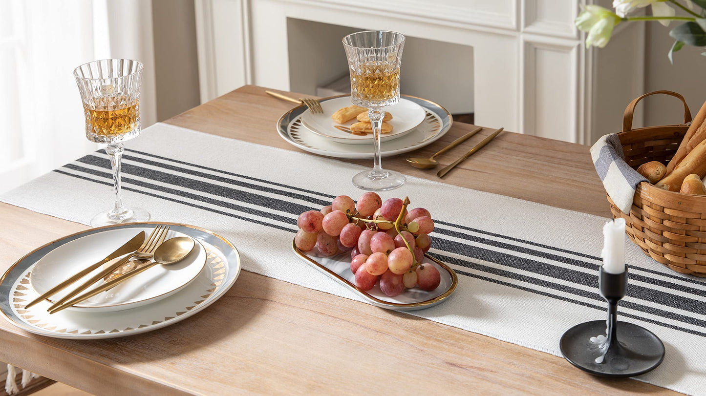 Caflife Boho Table Runner for Modern Farmhouse Decor, Dining Table décor 13 x 72 Inch Long, Coffee Table Runner with Handcrafted Tassels, Green and Beige Stripe Table Runner for Home Boho décor