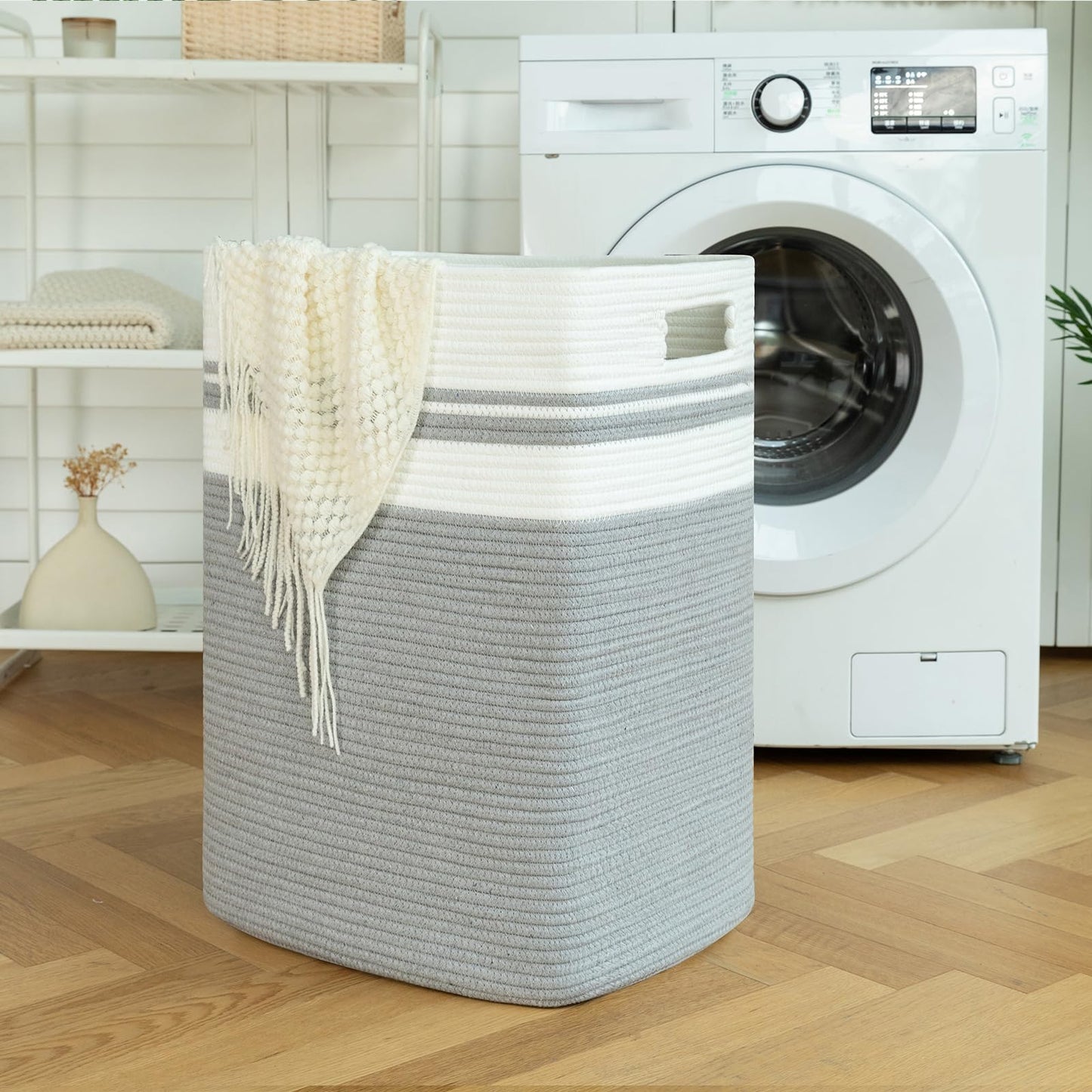 OIAHOMY Laundry Hamper-Laundry Basket,Tall Cotton Storage Basket with Handles,Decorative Blanket Basket for Living room,Collapsible Large Basket for Toys,Pillows,Clothes-16x13x22in-Yellow variegated