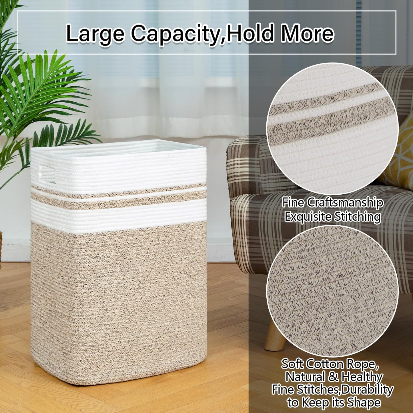 OIAHOMY Laundry Hamper-Laundry Basket,Tall Cotton Storage Basket with Handles,Decorative Blanket Basket for Living room,Collapsible Large Basket for Toys,Pillows,Clothes-16x13x22in-Yellow variegated