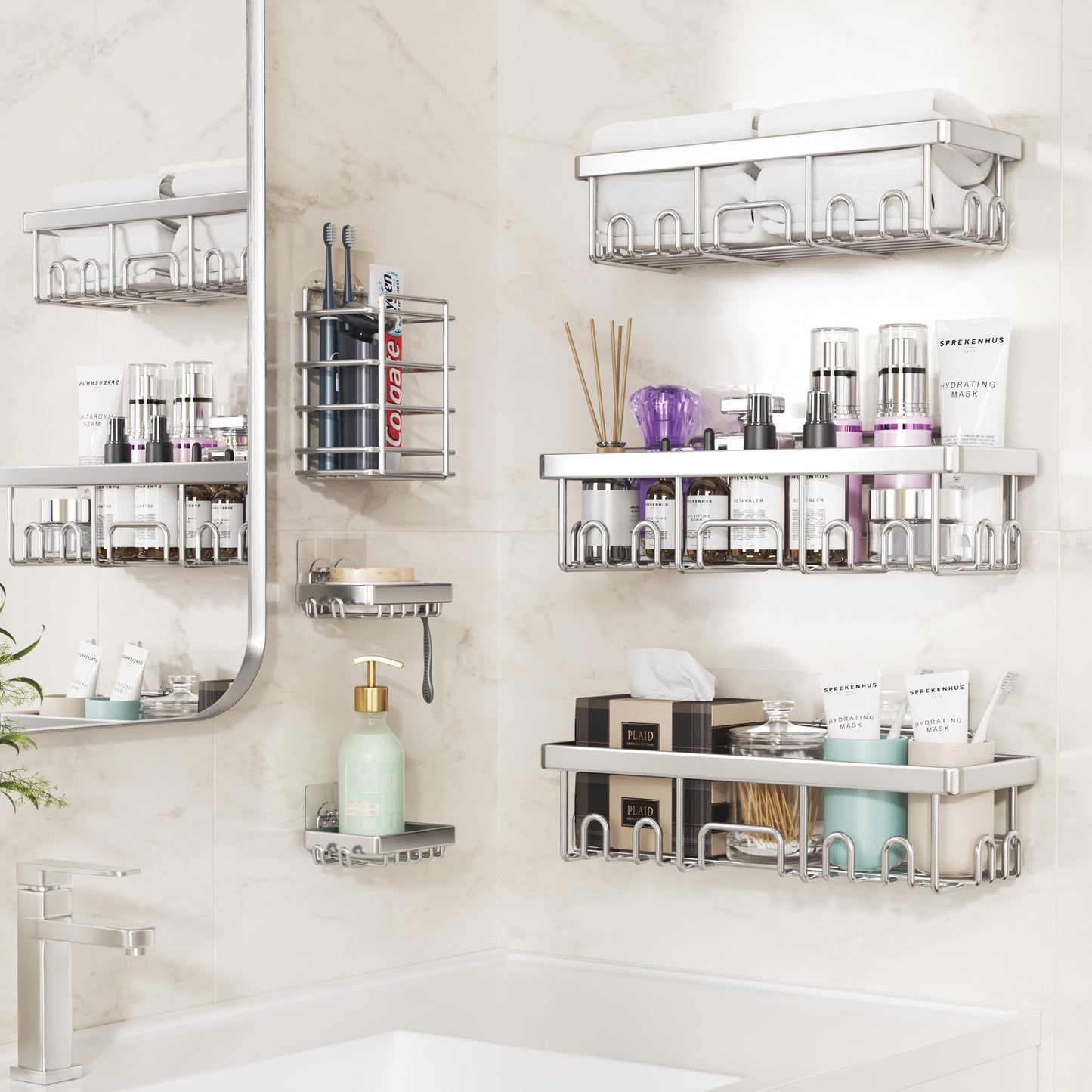 Veken Stainless Steel Shower Caddy 6-Pack, No Drilling & Rustproof, Waterproof Adhesive Shelves Rack with Soap Holder, Large Capacity Bathroom Organizers and Storage, Wall-Mounted Kitchen & Home Decor