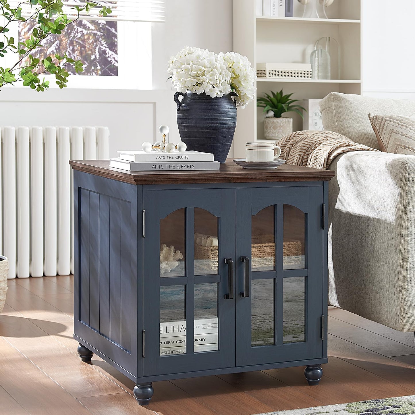 Farmhouse 24" End Table Set of 2 with Charging Station, Large Sofa Side Table with Glass Barn Door,Wood Night Stand with Adjustable Storage Shelf,Square Bedside Table for Living Room,Bedroom