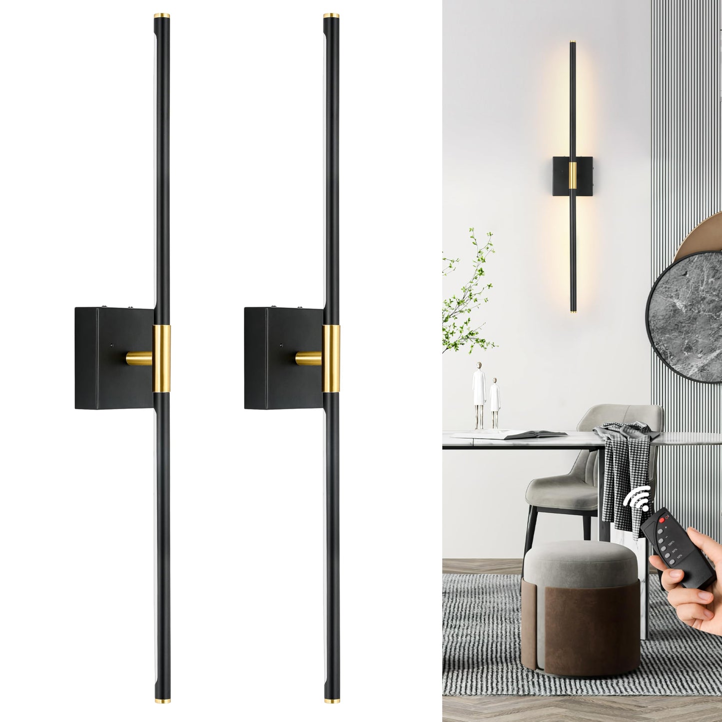 Battery Operated Wall Sconces Set of 2, Dimmable Battery Wall Sconce with Remote Control, Black Gold LED Rechargeable Sconces, 24 Inch Modern Wireless Wall Lights for Bedroom, Living Room