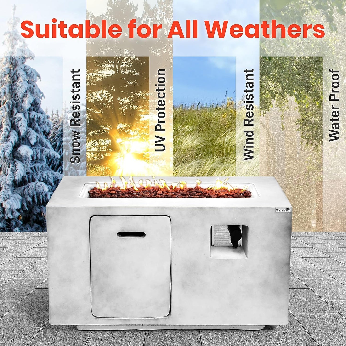 SereneLife Outdoor Propane Gas Fire Pit Table – 50,000 BTU Auto-Ignition Firepit with Glass Wind Guard, Black Tempered Glass Top & Clear Glass Rocks for Garden, Patio, or Backyard