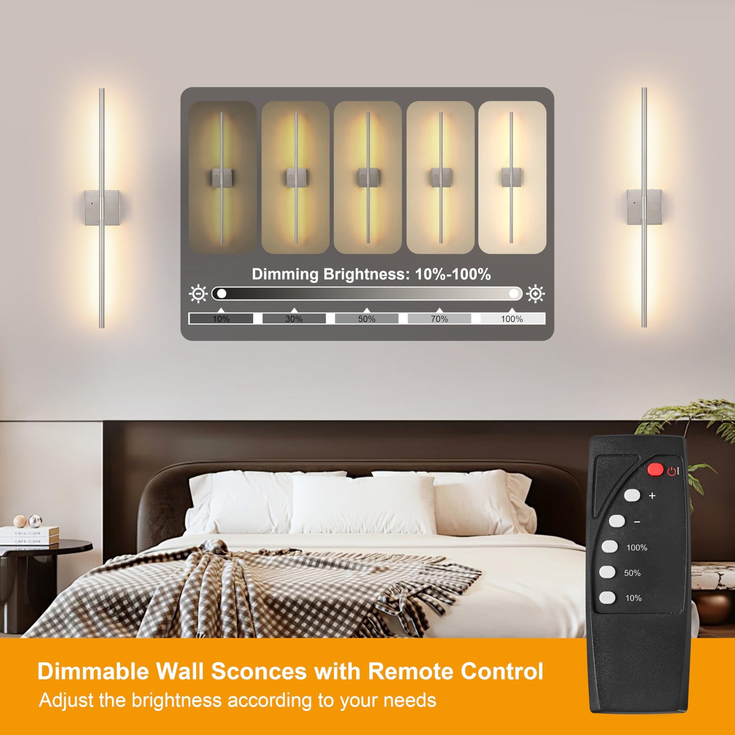 Battery Operated Wall Sconces Set of 2, Dimmable Battery Wall Sconce with Remote Control, Black Gold LED Rechargeable Sconces, 24 Inch Modern Wireless Wall Lights for Bedroom, Living Room