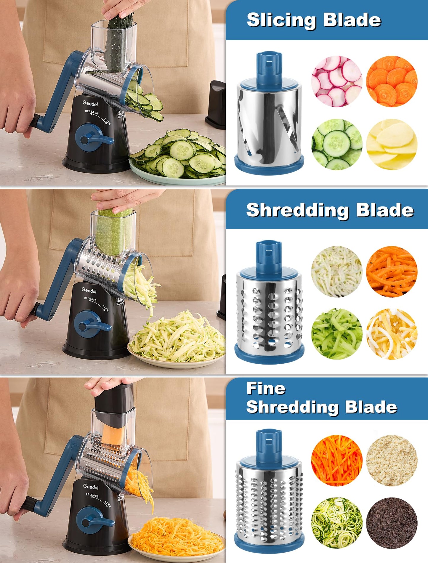 Geedel Rotary Cheese Grater Cheese Shredder - Upgraded 5-in-1 Cheese Grater with Handle and Strong Suction Base, Multi-purpose Vegetable Slicer Ice Shaver Nuts Grinder for Ice, Vegetables, Fruit, Nuts