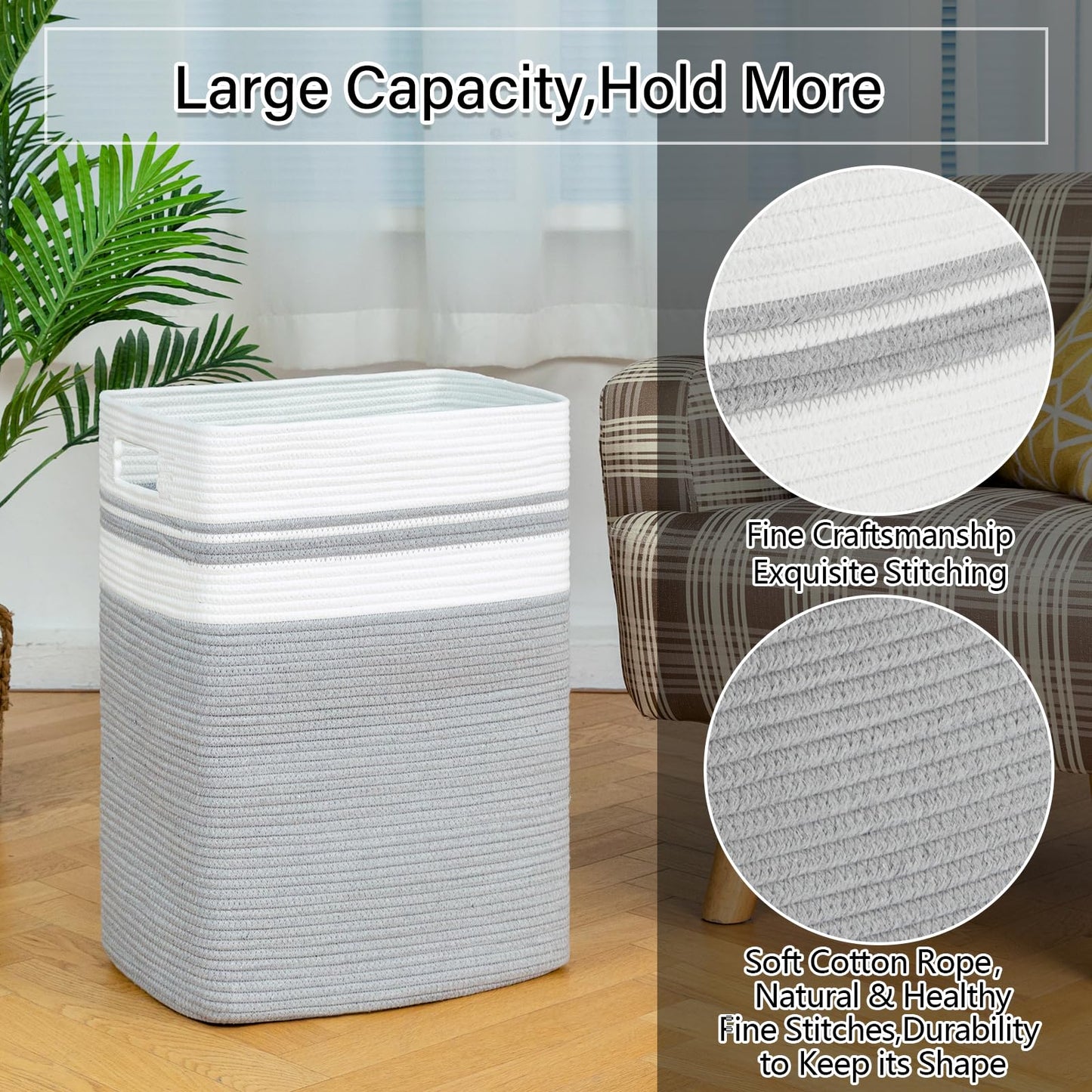 OIAHOMY Laundry Hamper-Laundry Basket,Tall Cotton Storage Basket with Handles,Decorative Blanket Basket for Living room,Collapsible Large Basket for Toys,Pillows,Clothes-16x13x22in-Yellow variegated