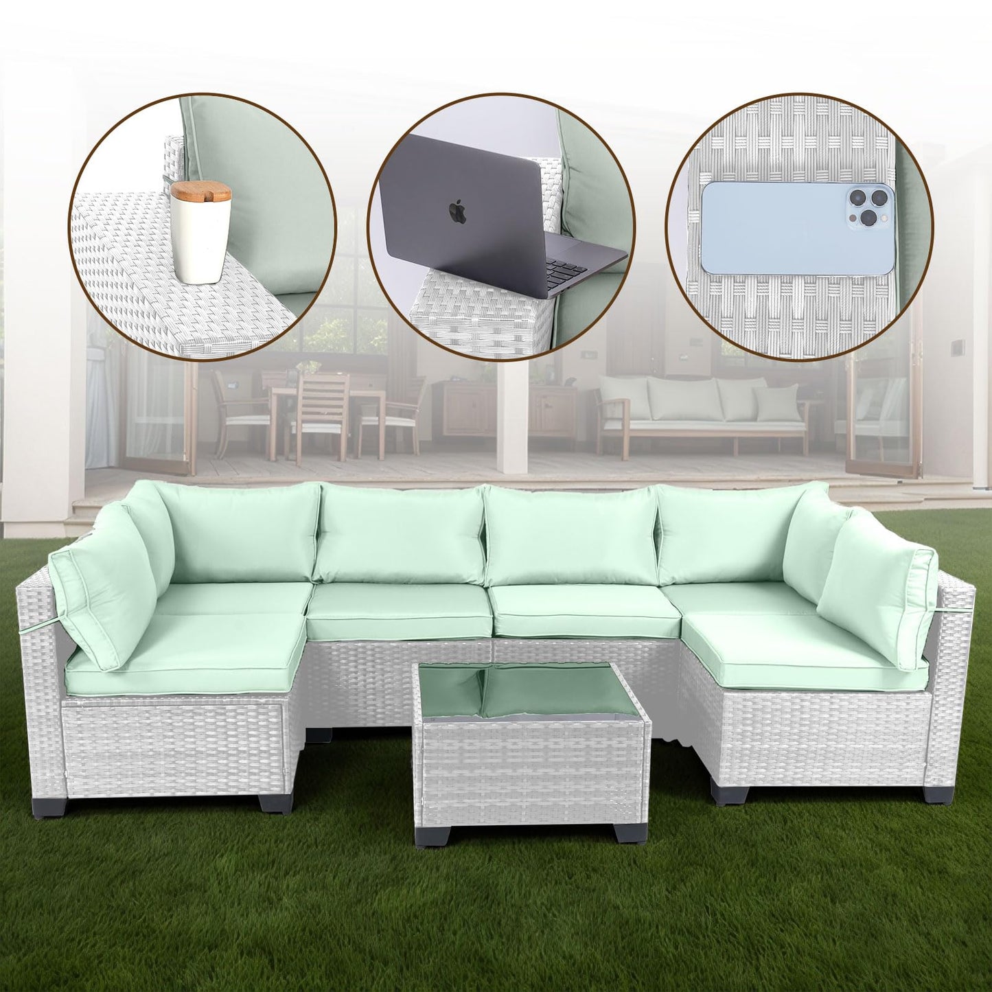 LEVELEVE 7 Pieces Outdoor Patio Furniture Sets,Rattan Conversation Sectional Set,Manual Weaving Wicker Patio Sofa with Tea Table