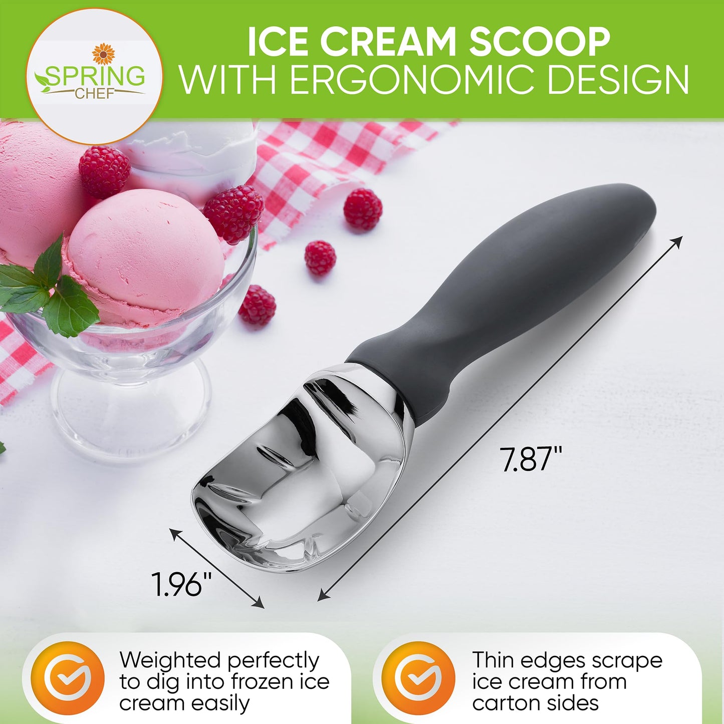 Spring Chef Heavy Duty Ice Cream Scoop with Comfortable Handle - Professional Ice Cream Scooper for Gelato, Sorbet, Cookie Dough, Melon, Frozen Yogurt - Dishwasher Safe Metal Kitchen Tool - Black