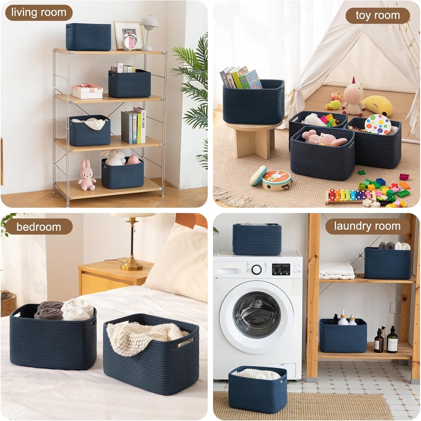 Storage Baskets for Organizing, Woven Decorative Baskets for Shelves - Books, Towels, and Clothes, Cotton Rope Toy Storage Bins, 12.7''Lx9''Wx7.8''H, Pack of 4, Brown