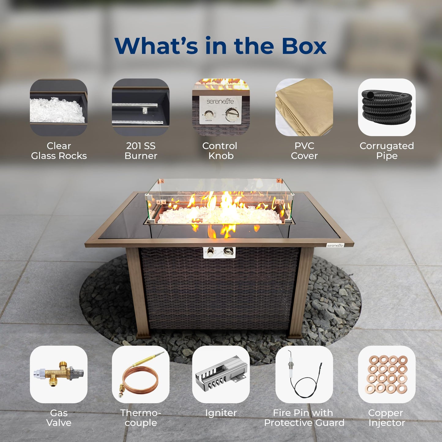 SereneLife Outdoor Propane Gas Fire Pit Table – 50,000 BTU Auto-Ignition Firepit with Glass Wind Guard, Black Tempered Glass Top & Clear Glass Rocks for Garden, Patio, or Backyard