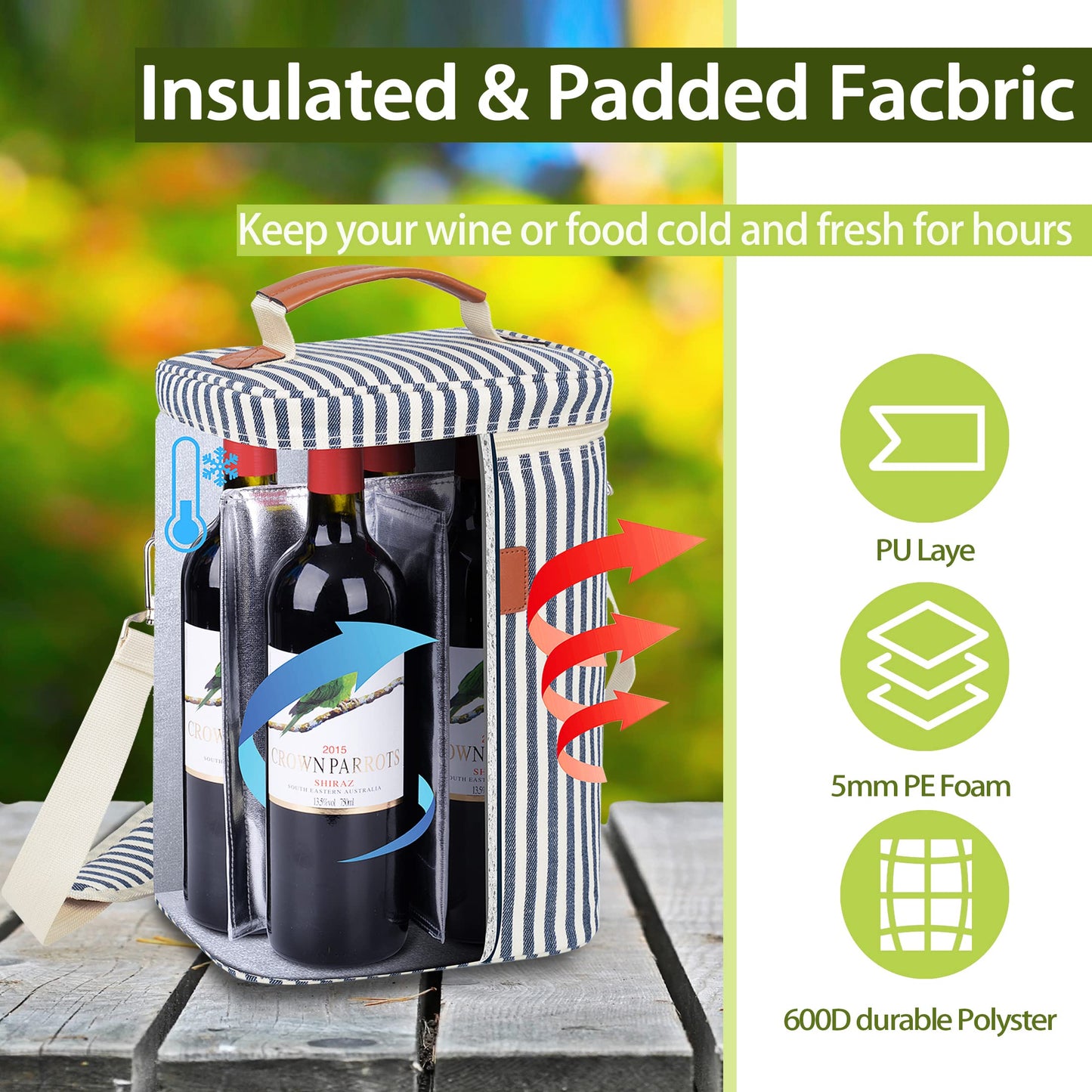 Tirrinia 2 Bottle Leakproof Insulated Wine Tote Carrier Bag - Padded Cooler for Travel, Restaurants, Tasting, Parties, Great Gift for Wine Lovers