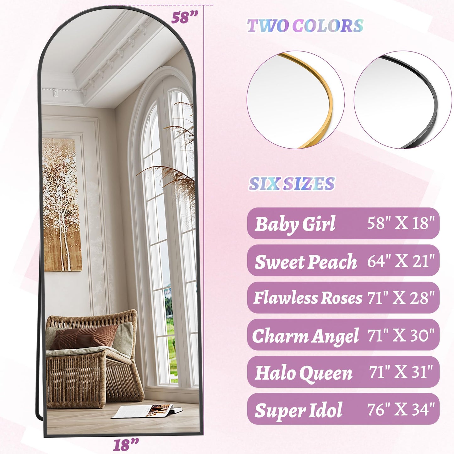 Full Length Mirror, 76"x34" Arched Floor Mirror Freestanding, Floor Standing Full Body Mirror with Stand for Bedroom, Hanging Mounted for Living Room Cloakroom, Black