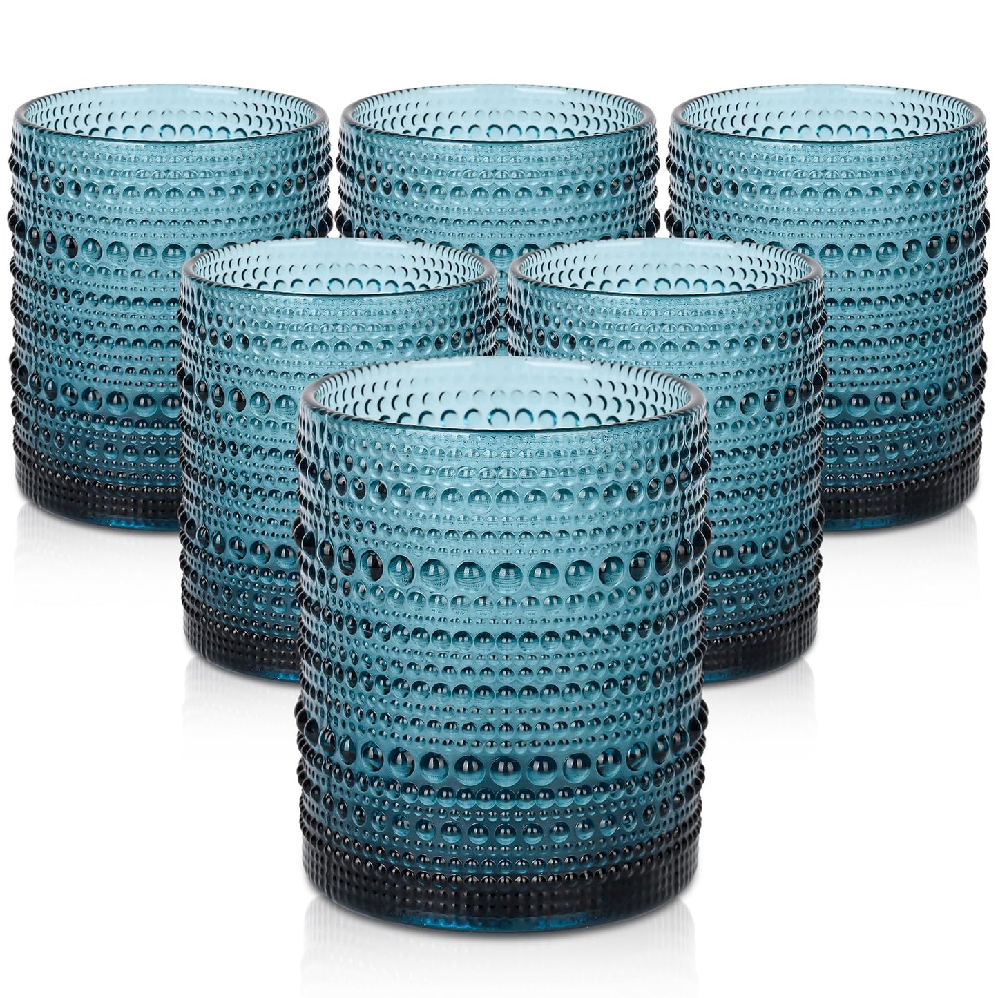 Vintage Glassware Drinking Glasses Set of 6,15 oz Hobnail Glass Cups,Embossed Blue Water Tumbler,for Beer,Cocktail,Whiskey,Juice and Various Mixed Drinks- 1 Cleaning Brush