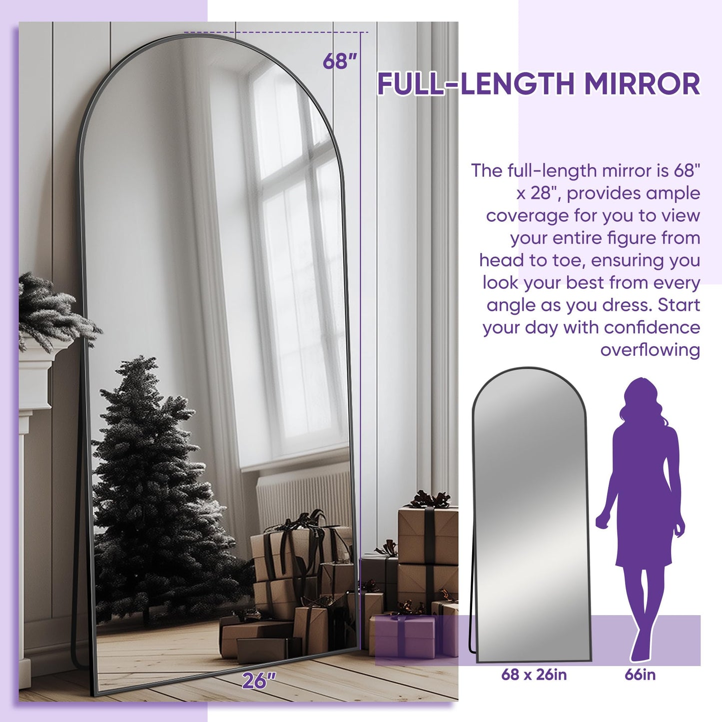 Full Length Mirror, 76"x34" Arched Floor Mirror Freestanding, Floor Standing Full Body Mirror with Stand for Bedroom, Hanging Mounted for Living Room Cloakroom, Black