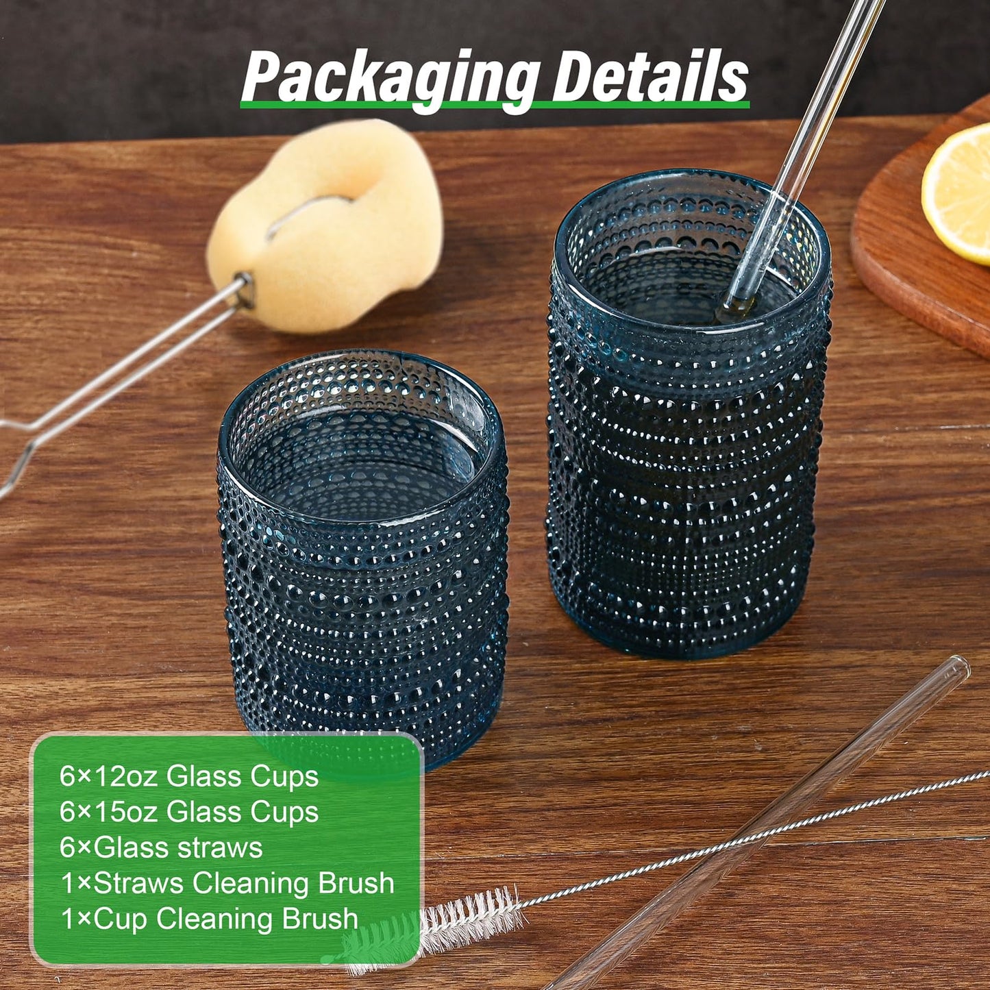 Vintage Glassware Drinking Glasses Set of 6,15 oz Hobnail Glass Cups,Embossed Blue Water Tumbler,for Beer,Cocktail,Whiskey,Juice and Various Mixed Drinks- 1 Cleaning Brush