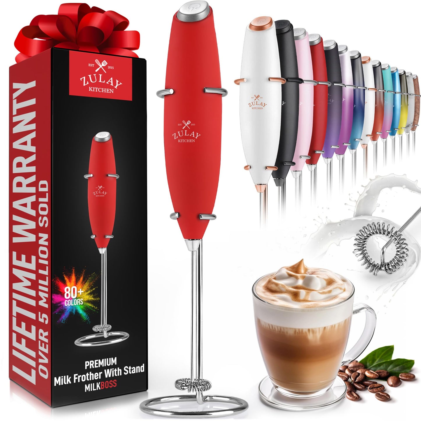 Zulay Double Whisk Milk Frother Handheld Mixer - High Powered Frother For Coffee With Improved Motor - Milk Frother Electric Whisk Drink Mixer For Cappuccino, Frappe, Matcha, Twin Whisk - Black/Copper
