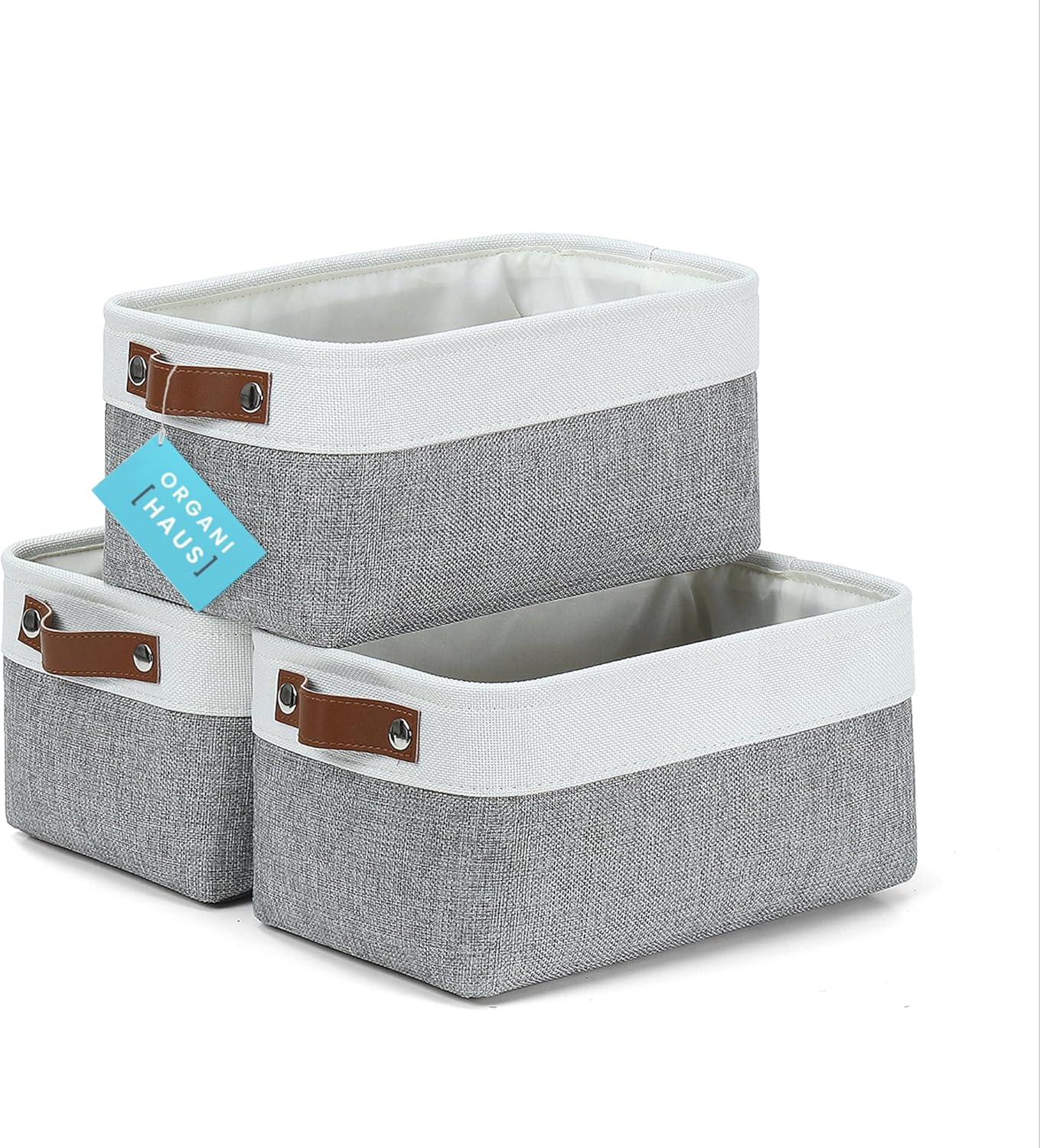 OrganiHaus Small Fabric Storage Baskets for Shelves 3 Pack, 12x8in Closet Storage Bins for Shelves, Cloth Baskets for Organizing, Linen Closet Organizers, Fabric Basket, Beige/White