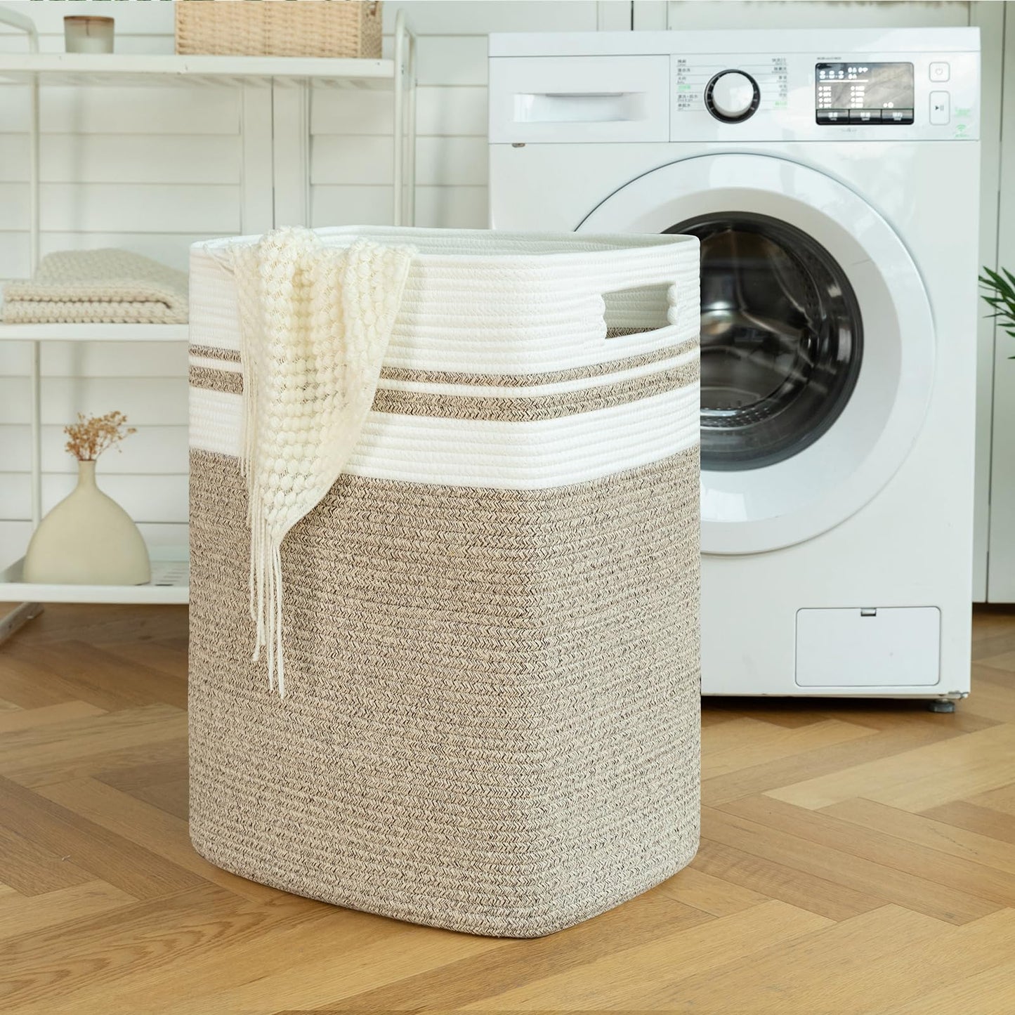 OIAHOMY Laundry Hamper-Laundry Basket,Tall Cotton Storage Basket with Handles,Decorative Blanket Basket for Living room,Collapsible Large Basket for Toys,Pillows,Clothes-16x13x22in-Yellow variegated