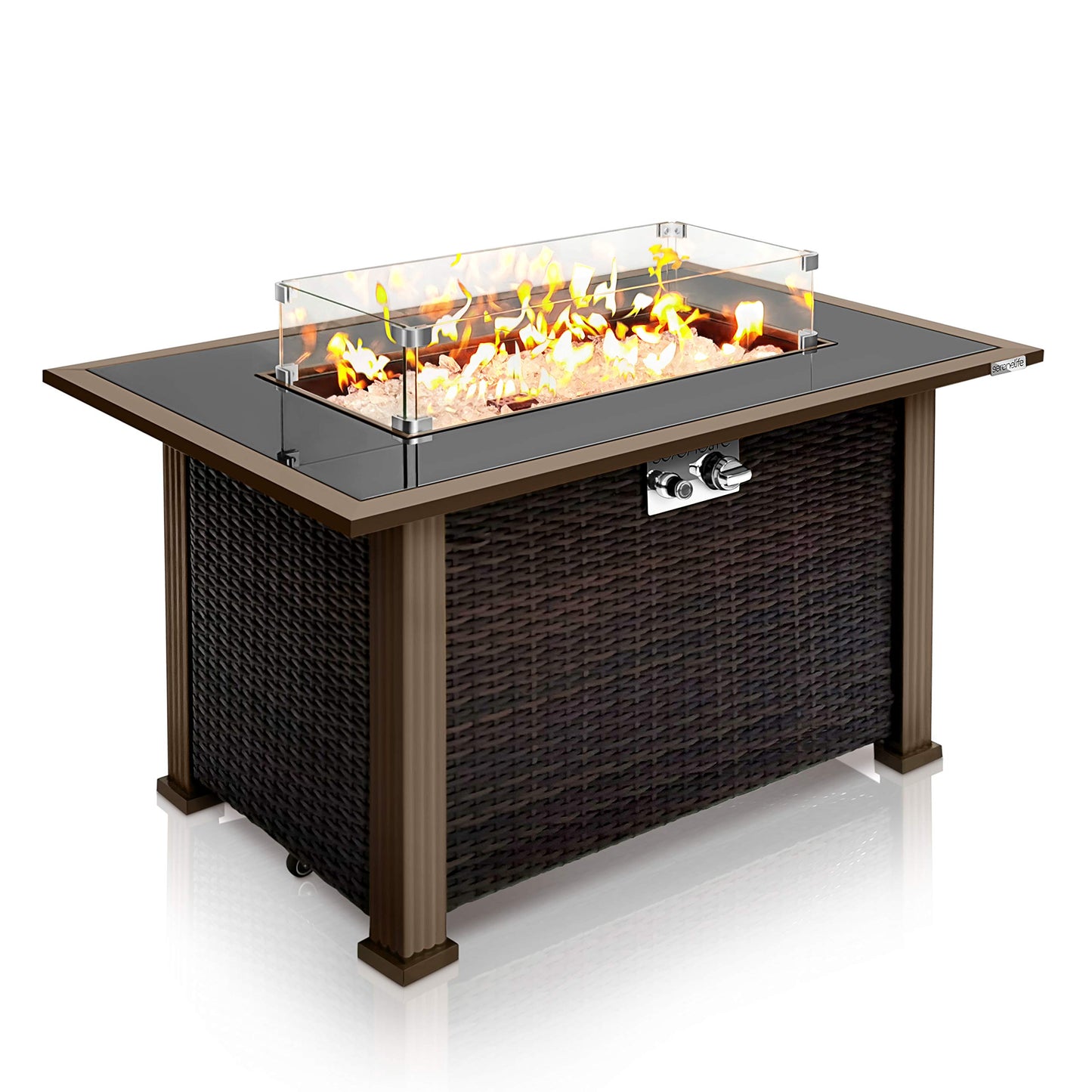 SereneLife Outdoor Propane Gas Fire Pit Table – 50,000 BTU Auto-Ignition Firepit with Glass Wind Guard, Black Tempered Glass Top & Clear Glass Rocks for Garden, Patio, or Backyard