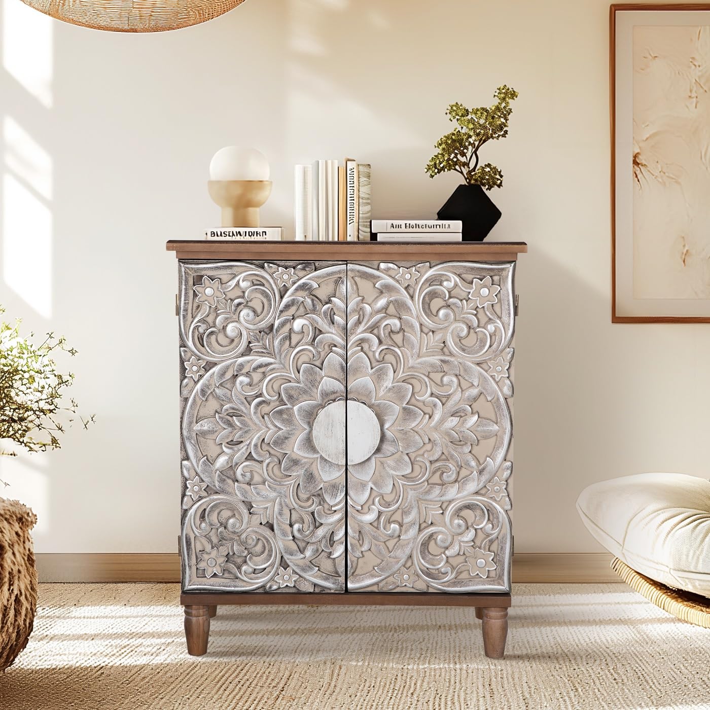 MFSTUDIO Accent Storage Cabinet with 2 Doors, Distressed Storage Cabinet Buffet Sideboard Display Cabinet with Metal Church Window Door for Entryway Living Room Kitchen, Black