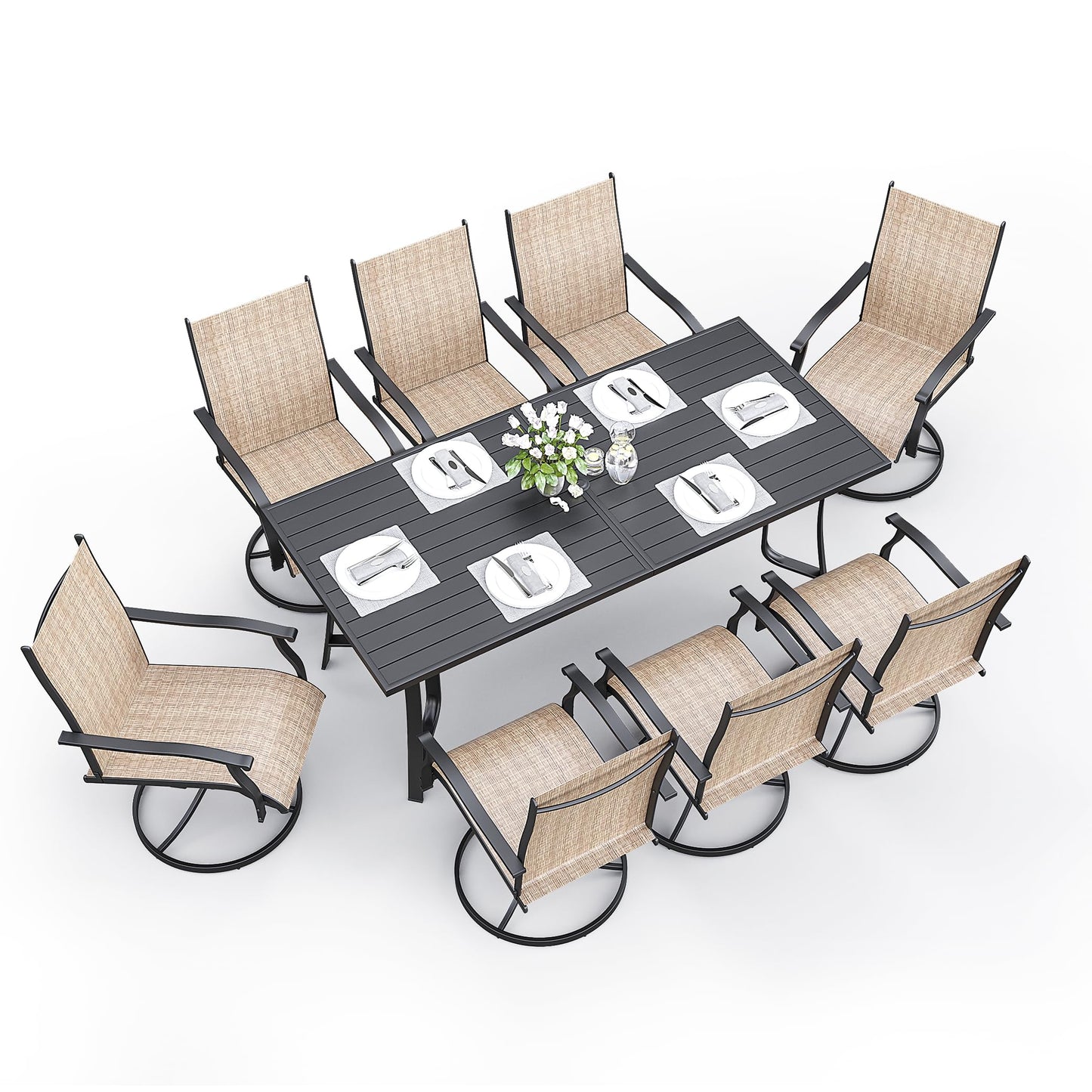 9-Piece Outdoor Patio Dining Set with 8 Swivel Rocker Chairs, Rectangular Metal Table with Umbrella Hole, 8-Person Patio Table and Chairs for Backyard, Poolside, Balcony and Garden Grey