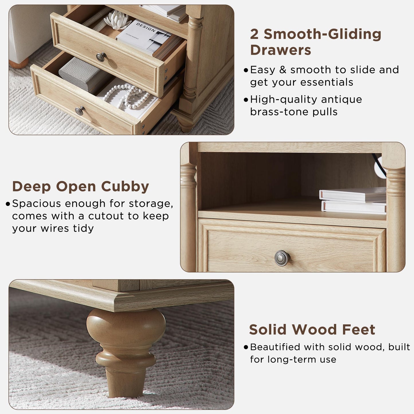 T4TREAM 24'' Farmhouse End Table w/4 Solid Wood Feet, Large 2 Drawers Wide Sofa Side Table with Charging Station, Tall Rustic Wood Square Nightstand for Living Room, Bedroom, Office, Antique White