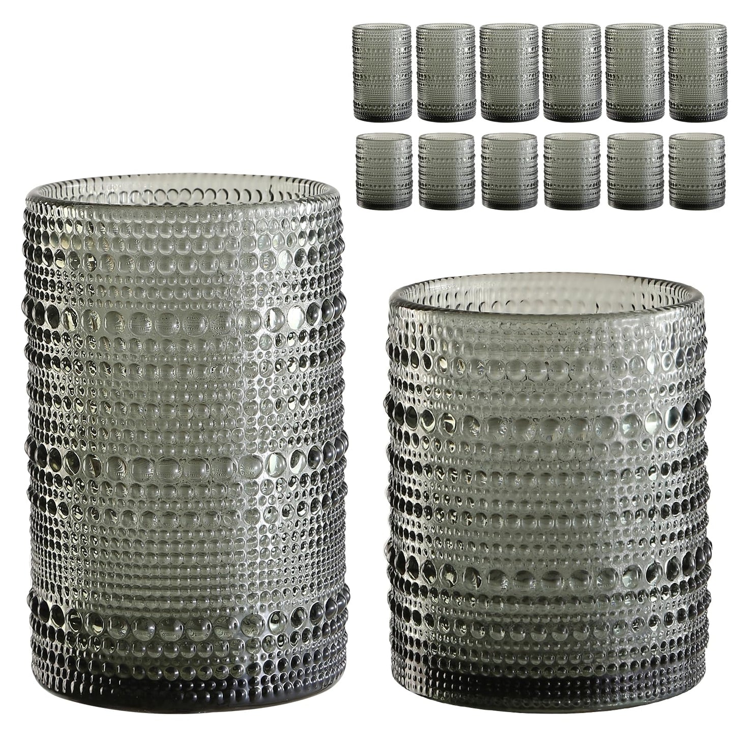 Vintage Glassware Drinking Glasses Set of 6,15 oz Hobnail Glass Cups,Embossed Blue Water Tumbler,for Beer,Cocktail,Whiskey,Juice and Various Mixed Drinks- 1 Cleaning Brush