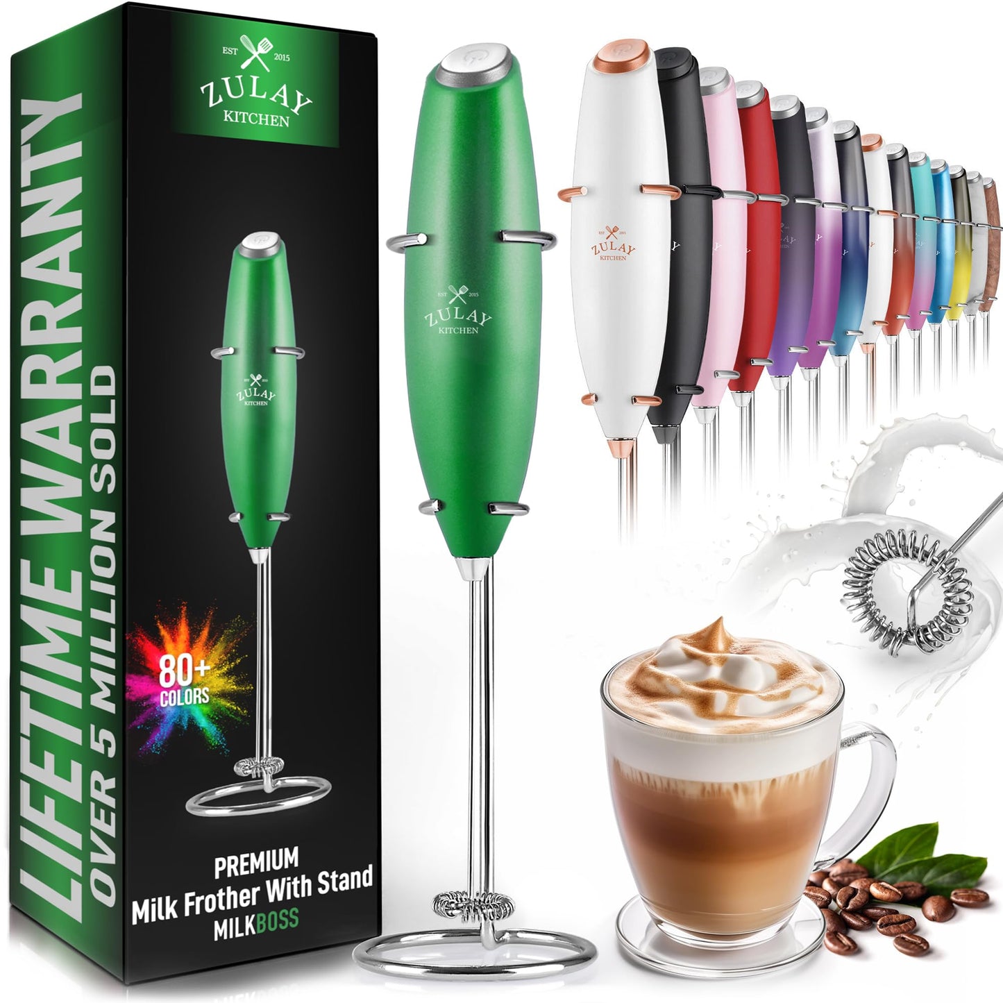 Zulay Double Whisk Milk Frother Handheld Mixer - High Powered Frother For Coffee With Improved Motor - Milk Frother Electric Whisk Drink Mixer For Cappuccino, Frappe, Matcha, Twin Whisk - Black/Copper