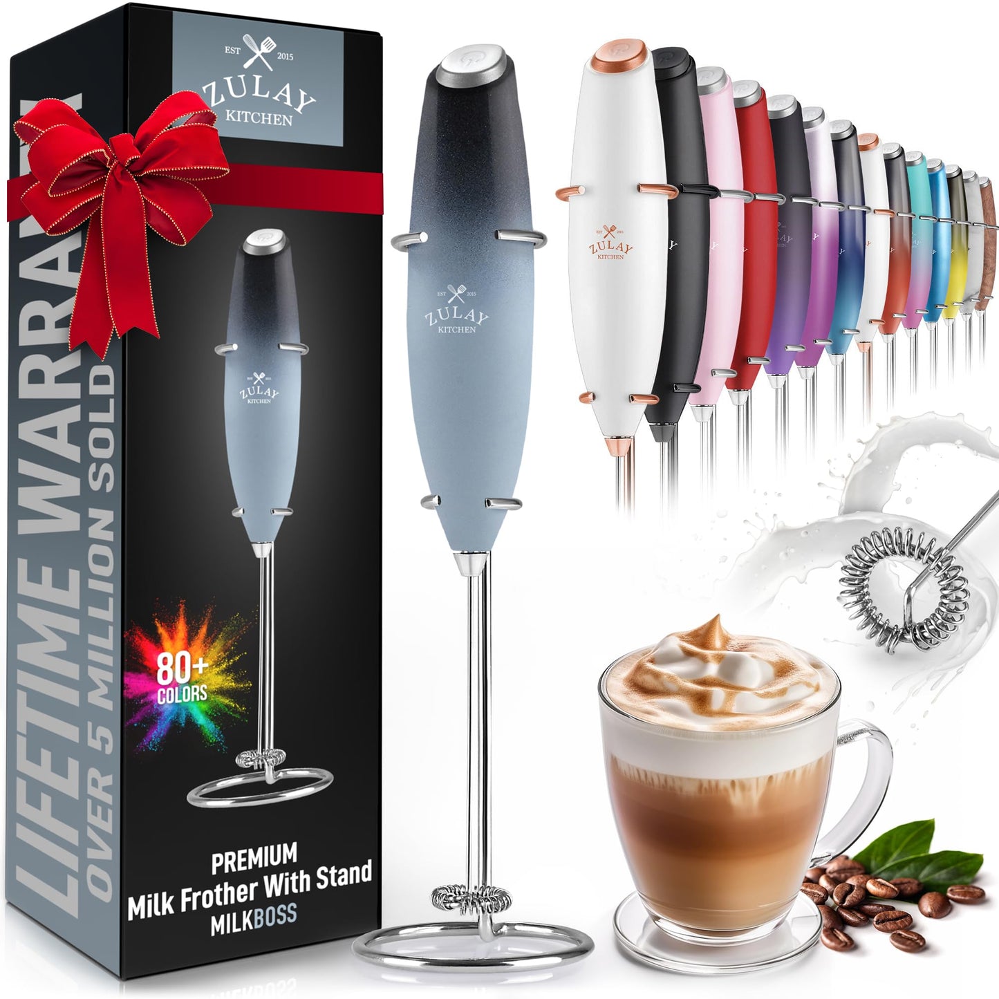 Zulay Double Whisk Milk Frother Handheld Mixer - High Powered Frother For Coffee With Improved Motor - Milk Frother Electric Whisk Drink Mixer For Cappuccino, Frappe, Matcha, Twin Whisk - Black/Copper