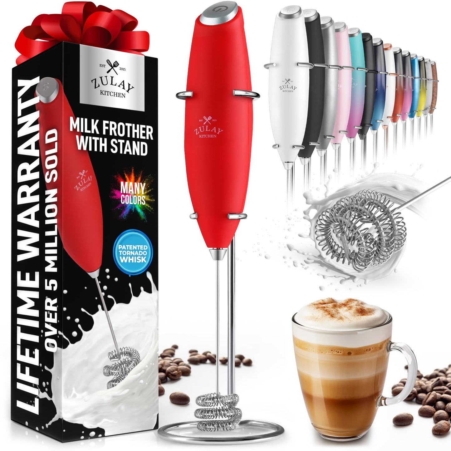 Zulay Double Whisk Milk Frother Handheld Mixer - High Powered Frother For Coffee With Improved Motor - Milk Frother Electric Whisk Drink Mixer For Cappuccino, Frappe, Matcha, Twin Whisk - Black/Copper