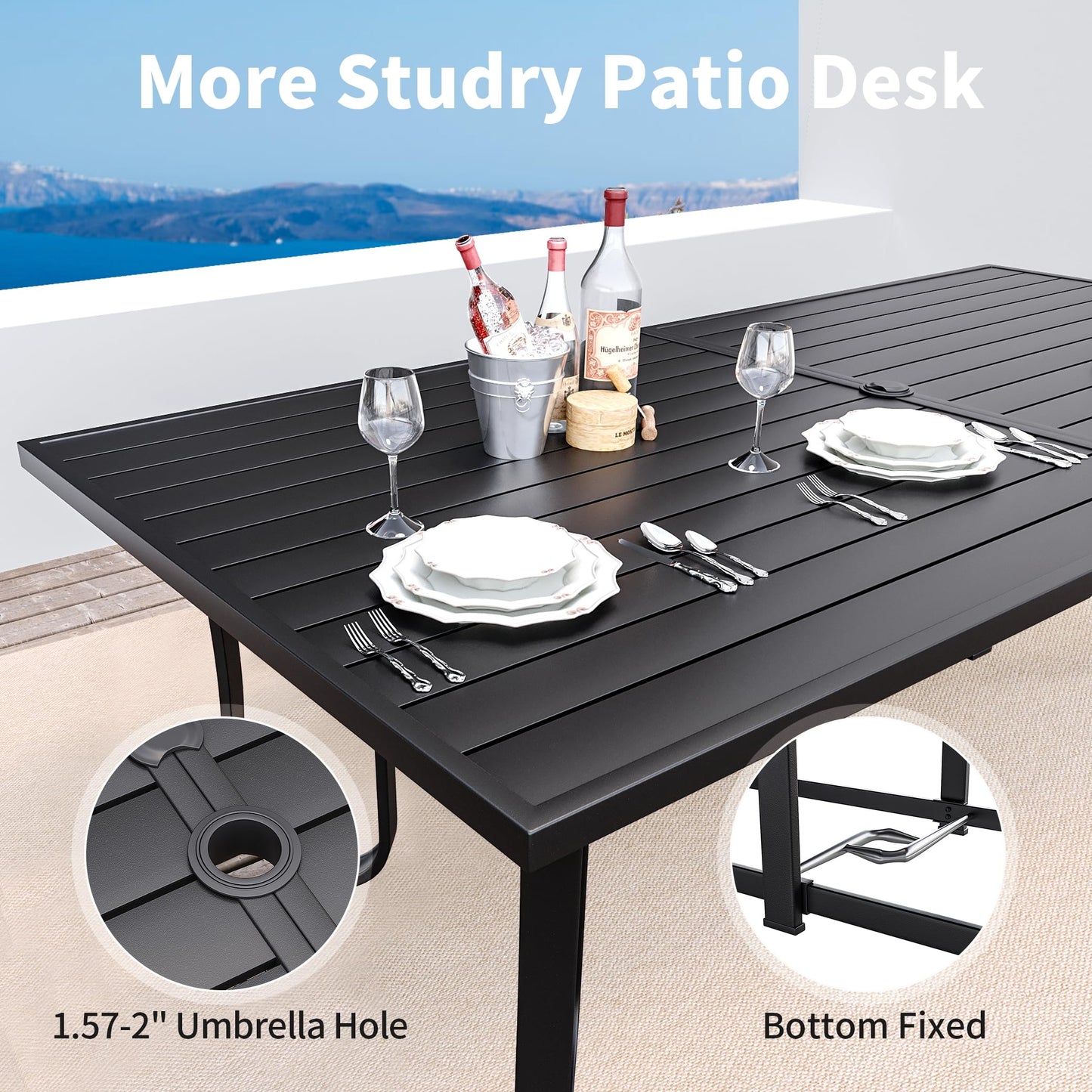 9-Piece Outdoor Patio Dining Set with 8 Swivel Rocker Chairs, Rectangular Metal Table with Umbrella Hole, 8-Person Patio Table and Chairs for Backyard, Poolside, Balcony and Garden Grey