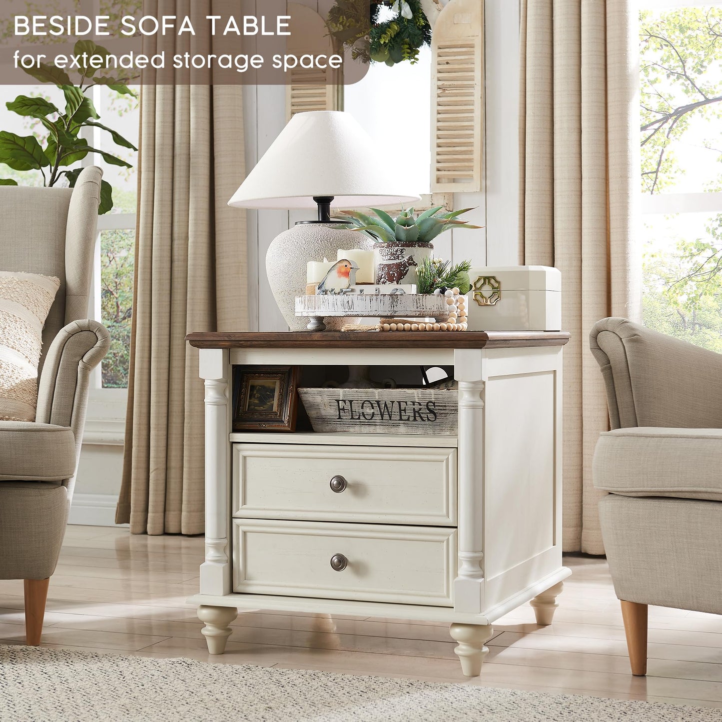 T4TREAM 24'' Farmhouse End Table w/4 Solid Wood Feet, Large 2 Drawers Wide Sofa Side Table with Charging Station, Tall Rustic Wood Square Nightstand for Living Room, Bedroom, Office, Antique White