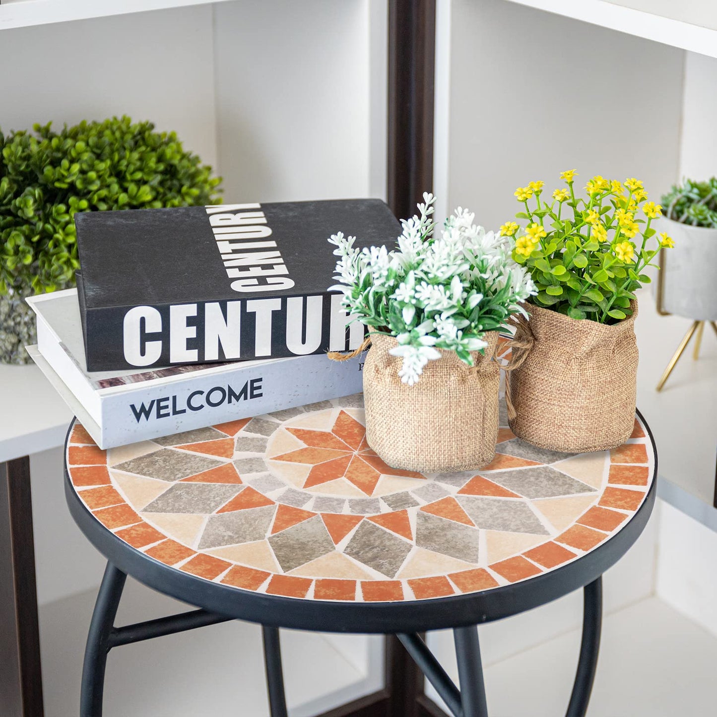 VCUTEKA Mosaic Side Table, 21" Round End Table with 14" Ceramic Tile Top, Patio Accent Table Indoor and Outdoor End Table for Yard, Garden, Living Room, Bistro Balcony or Lawn Golden Sun
