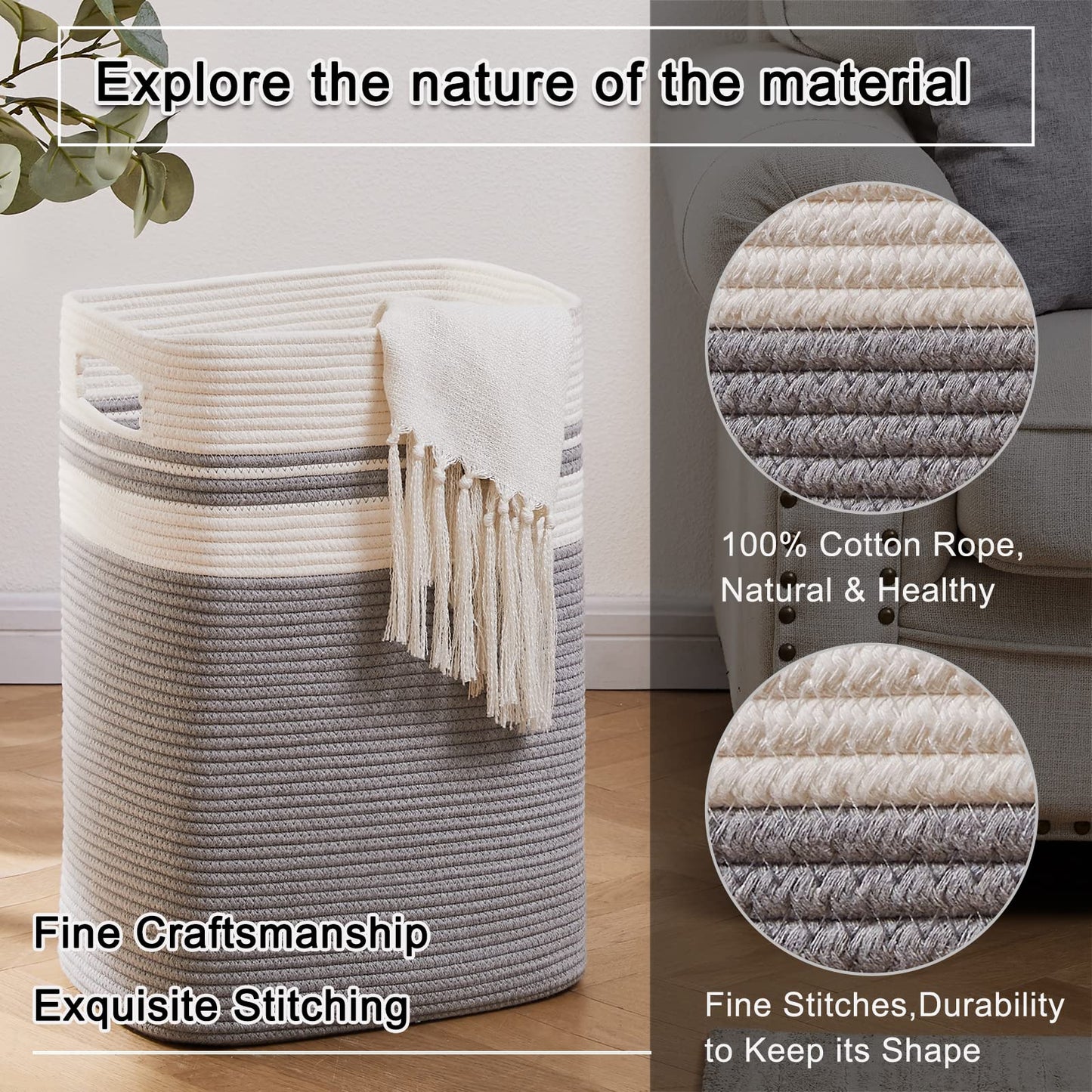 OIAHOMY Laundry Hamper-Laundry Basket,Tall Cotton Storage Basket with Handles,Decorative Blanket Basket for Living room,Collapsible Large Basket for Toys,Pillows,Clothes-16x13x22in-Yellow variegated