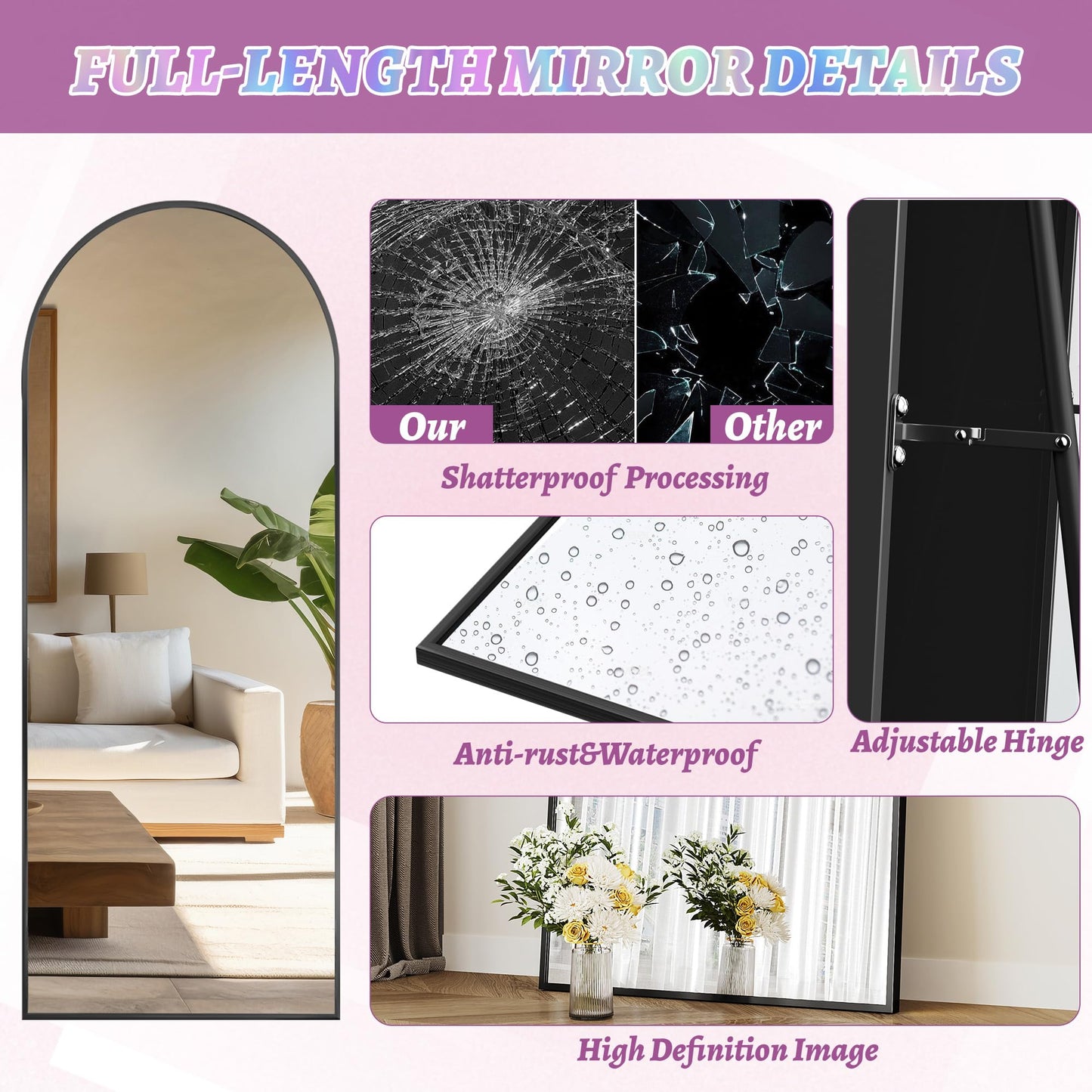 Full Length Mirror, 76"x34" Arched Floor Mirror Freestanding, Floor Standing Full Body Mirror with Stand for Bedroom, Hanging Mounted for Living Room Cloakroom, Black