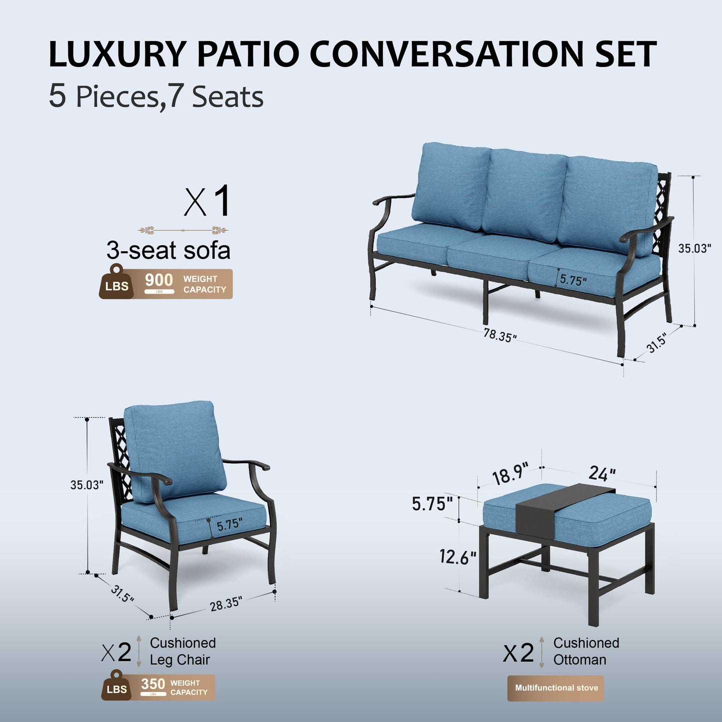 HERA'S HOUSE 7 Piece Patio Furniture Set, 2 x Rocking Chair, 2 x Fixed Chair, 2 x Ottoman, 1 x 3-Seat Sofa, All Cushioned 9 Seats Outdoor Conversation Set for Lawn Garden Backyard