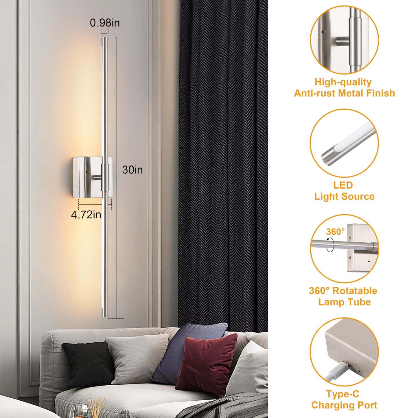 Battery Operated Wall Sconces Set of 2, Dimmable Battery Wall Sconce with Remote Control, Black Gold LED Rechargeable Sconces, 24 Inch Modern Wireless Wall Lights for Bedroom, Living Room