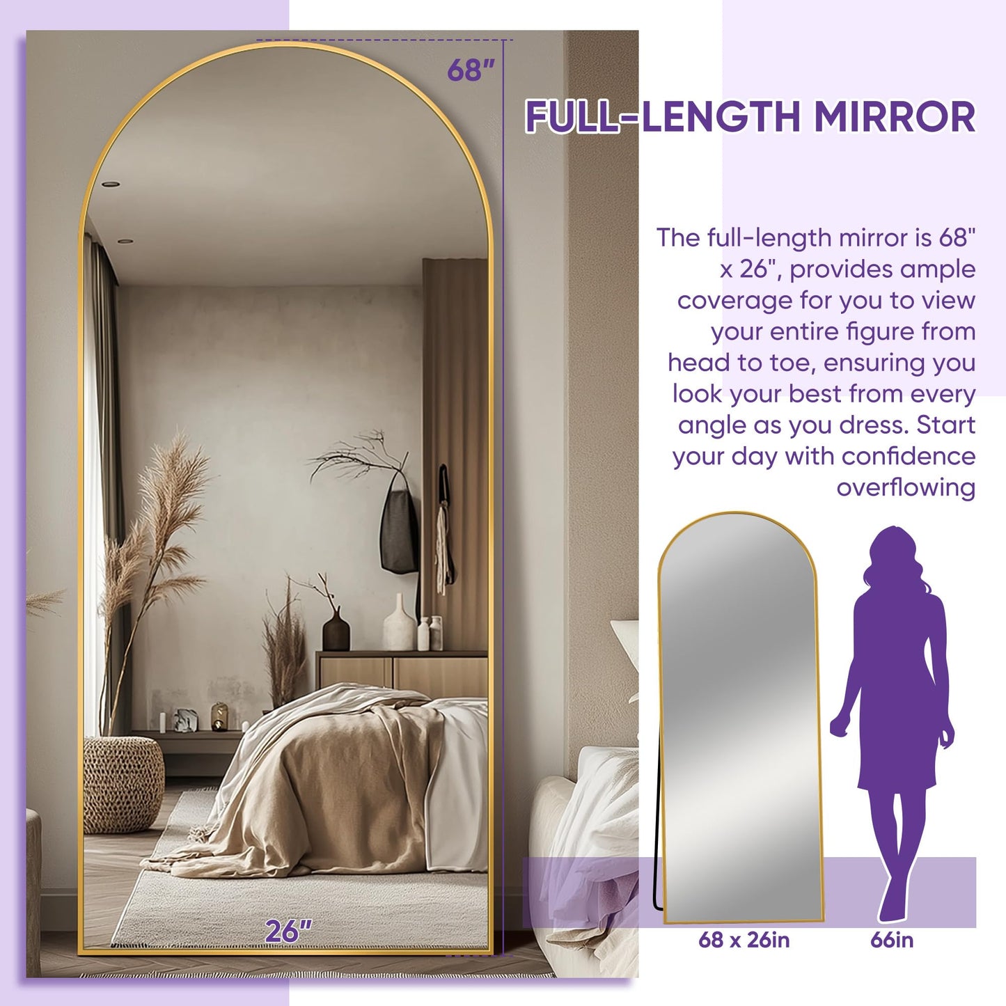Full Length Mirror, 76"x34" Arched Floor Mirror Freestanding, Floor Standing Full Body Mirror with Stand for Bedroom, Hanging Mounted for Living Room Cloakroom, Black