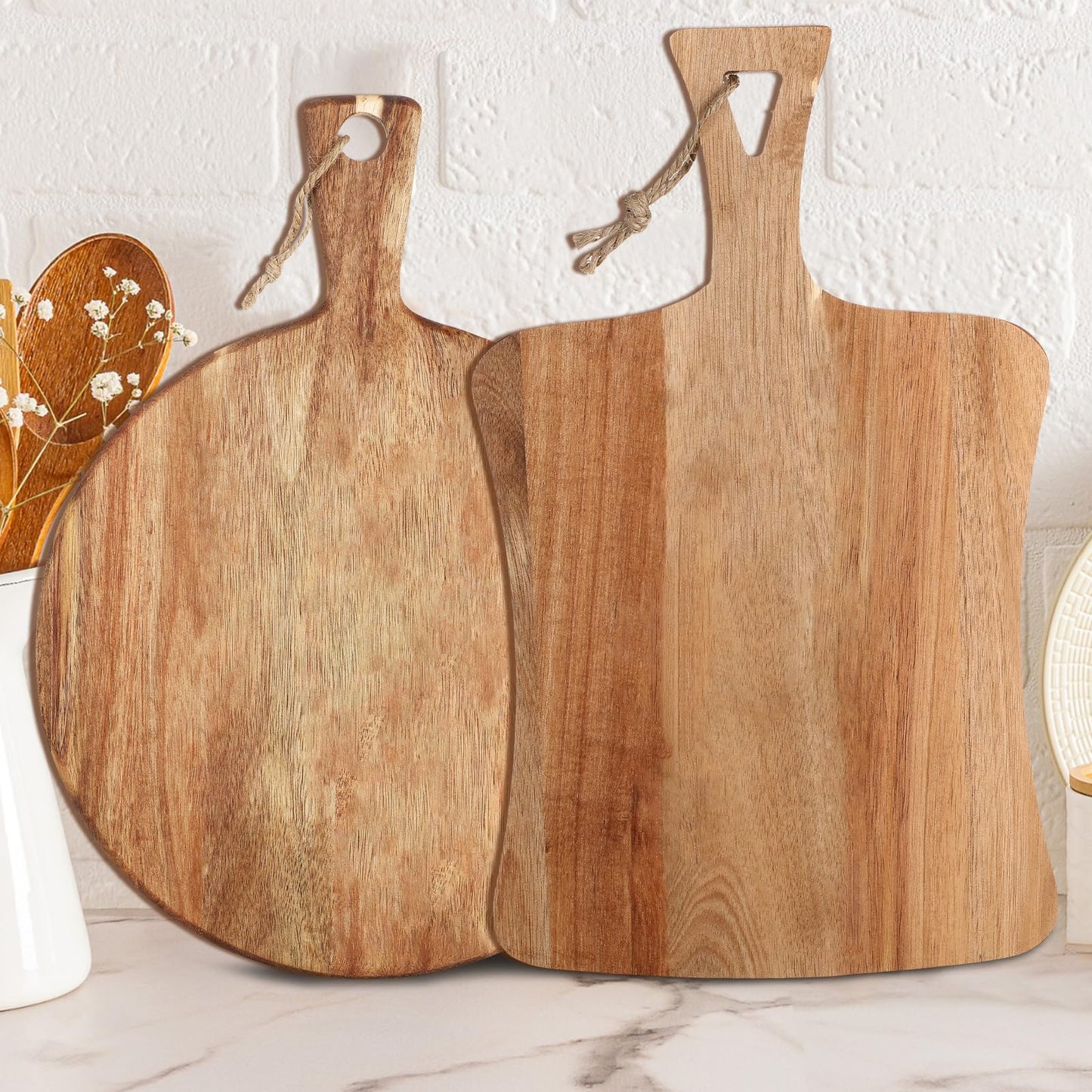 Hsei 2 Pcs Acacia Wood Cutting Board with Handle Wooden Charcuterie Board Large Paddle Carving Chopping Set Butter Serving Tray for Cheese Meat Fruit Pizza Bread Baking(Classic Handle)