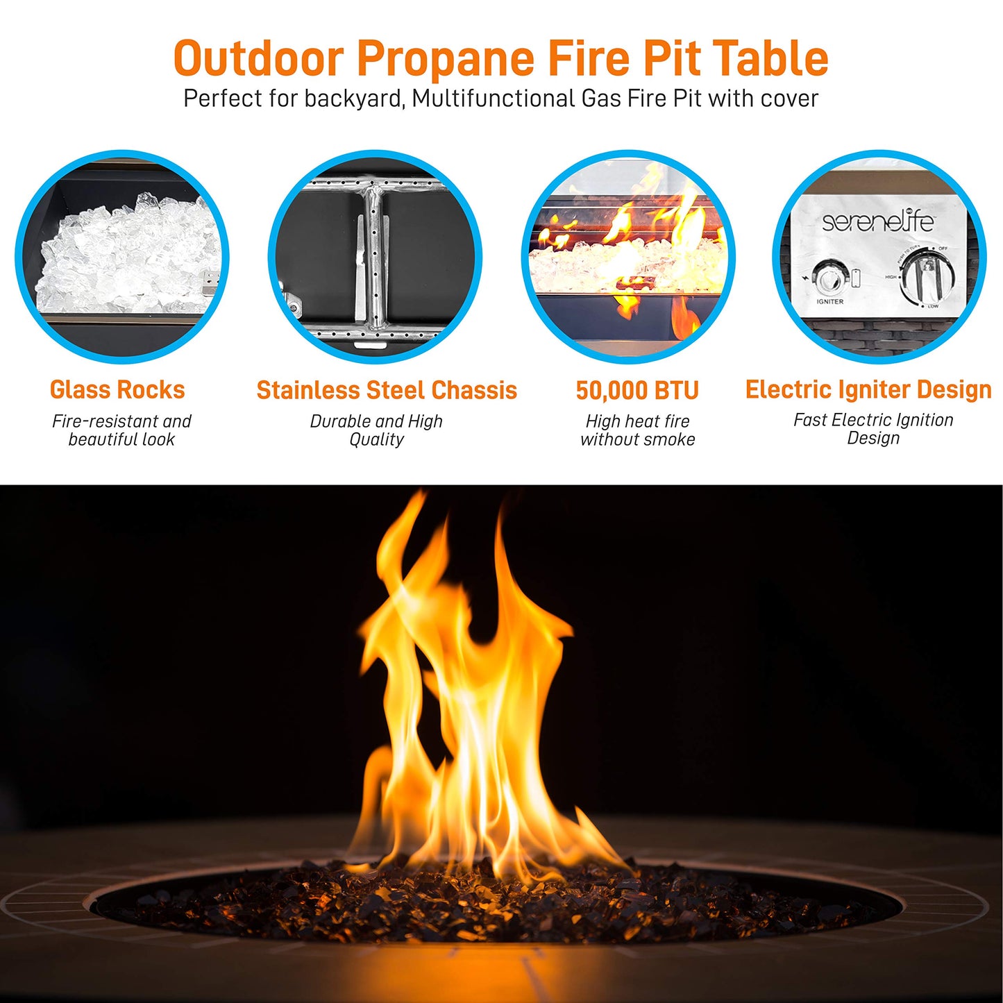SereneLife Outdoor Propane Gas Fire Pit Table – 50,000 BTU Auto-Ignition Firepit with Glass Wind Guard, Black Tempered Glass Top & Clear Glass Rocks for Garden, Patio, or Backyard