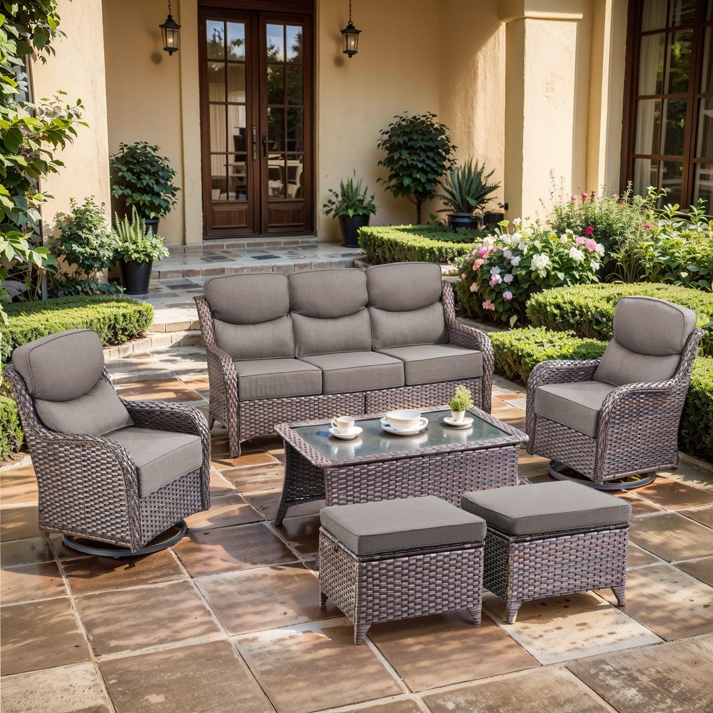 Luxury Outdoor Swivel Rocker Patio Chairs, High Back Swivel Patio Chairs with Side Table & 6-Inch Thick Cushions, Wicker Outdoor Bistro Set for Porch, Yard, Deck, Poolside, Brown/Beige