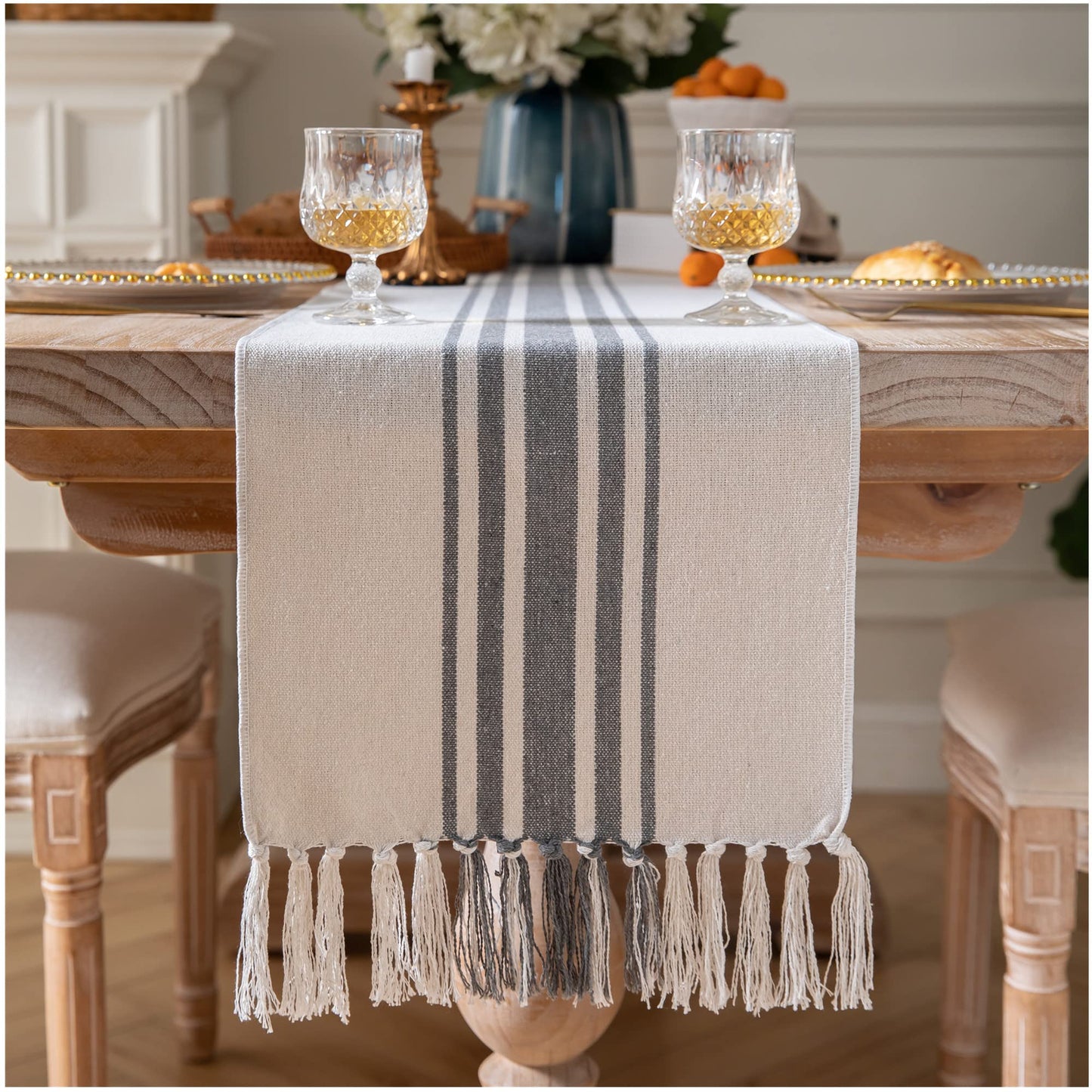 Caflife Boho Table Runner for Modern Farmhouse Decor, Dining Table décor 13 x 72 Inch Long, Coffee Table Runner with Handcrafted Tassels, Green and Beige Stripe Table Runner for Home Boho décor