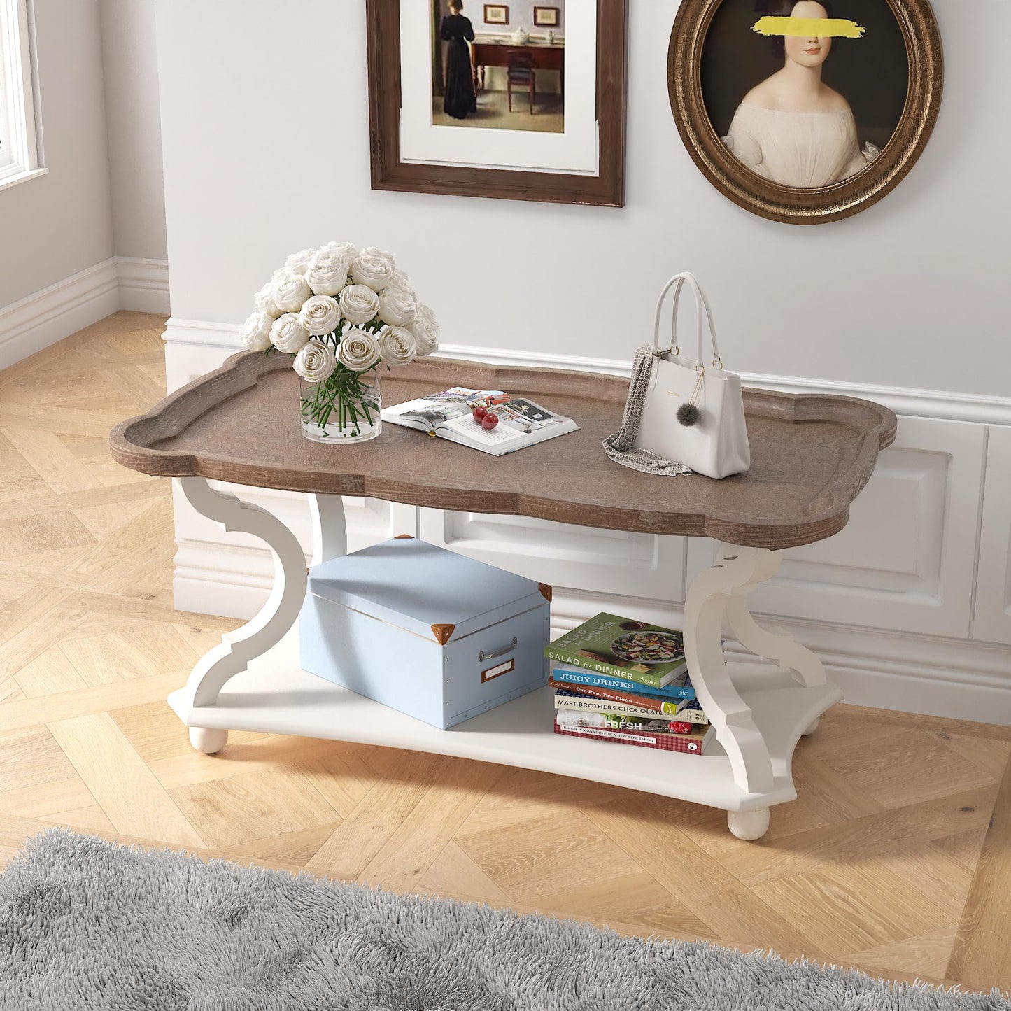 Function Home Farmhouse Coffee Table, Modern Cocktail Table with Storage Shelf, Sofa Table with Natural Tray Top and Carved Legs for Living Room, Bedroom, Dining Room in Vintage White