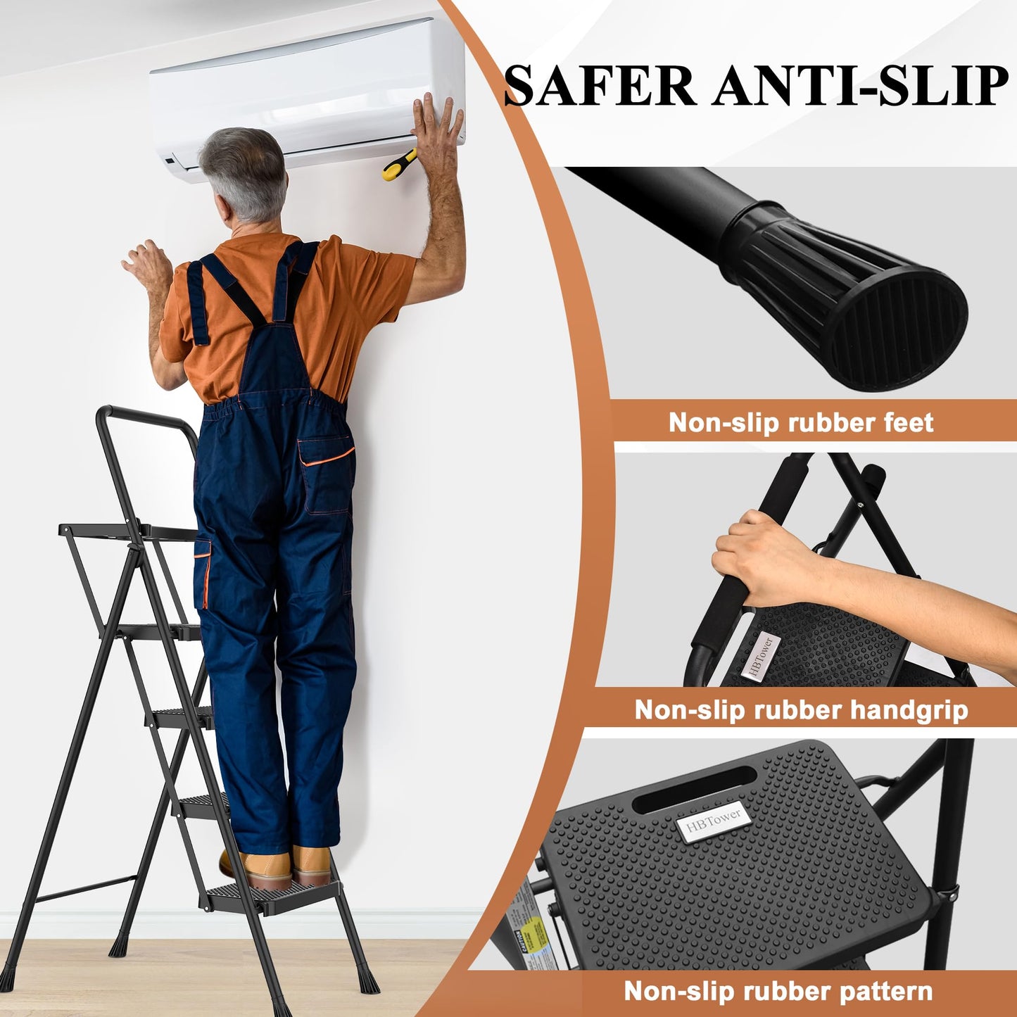HBTower Step Ladder, Folding Step Stool with Wide Anti-Slip Pedal, Sturdy Steel Ladder, Convenient Handrail, Lightweight, Portable Steel Step Stool