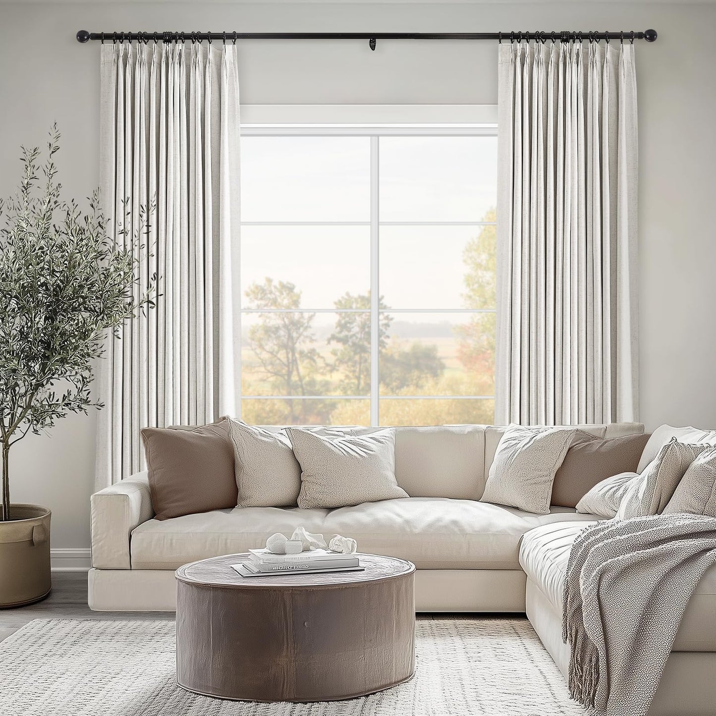 Topfinel 120 Inches Long Extra Long Pinch Pleat Faux Linen Curtains for Living Room,Neutral Beige 100 Percent Blackout Floor to Ceiling Farmhouse Sound Absorbing Drapes 2 Panels for Track System 10 FT