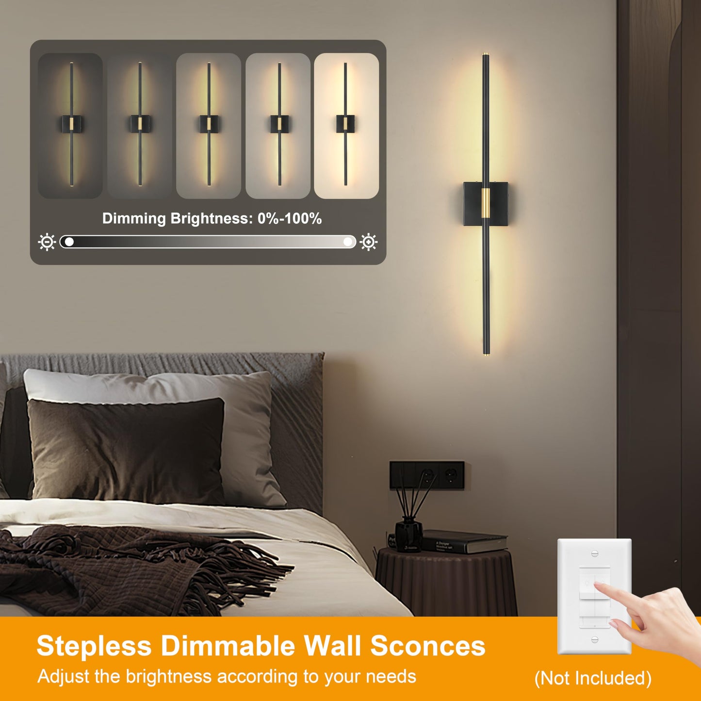 Battery Operated Wall Sconces Set of 2, Dimmable Battery Wall Sconce with Remote Control, Black Gold LED Rechargeable Sconces, 24 Inch Modern Wireless Wall Lights for Bedroom, Living Room