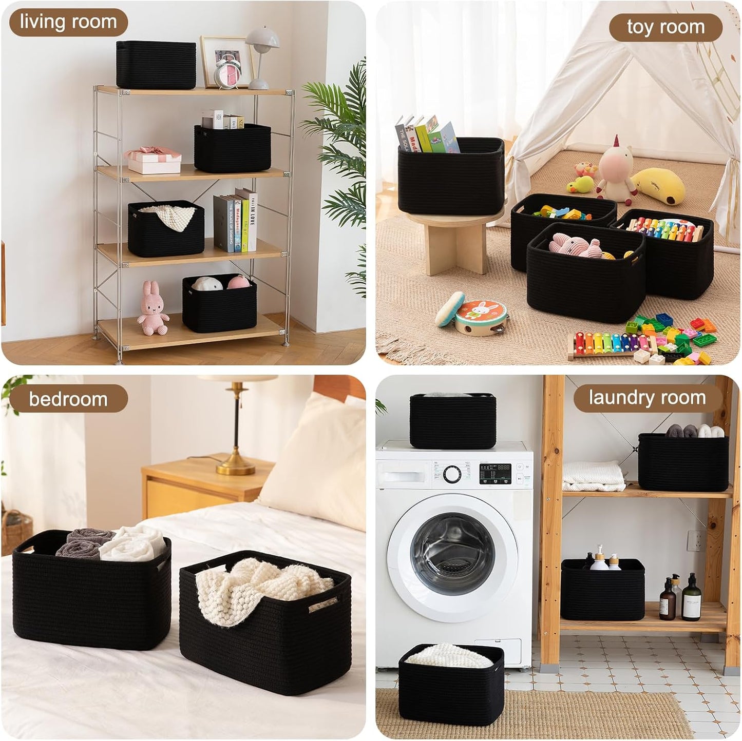 Storage Baskets for Organizing, Woven Decorative Baskets for Shelves - Books, Towels, and Clothes, Cotton Rope Toy Storage Bins, 12.7''Lx9''Wx7.8''H, Pack of 4, Brown