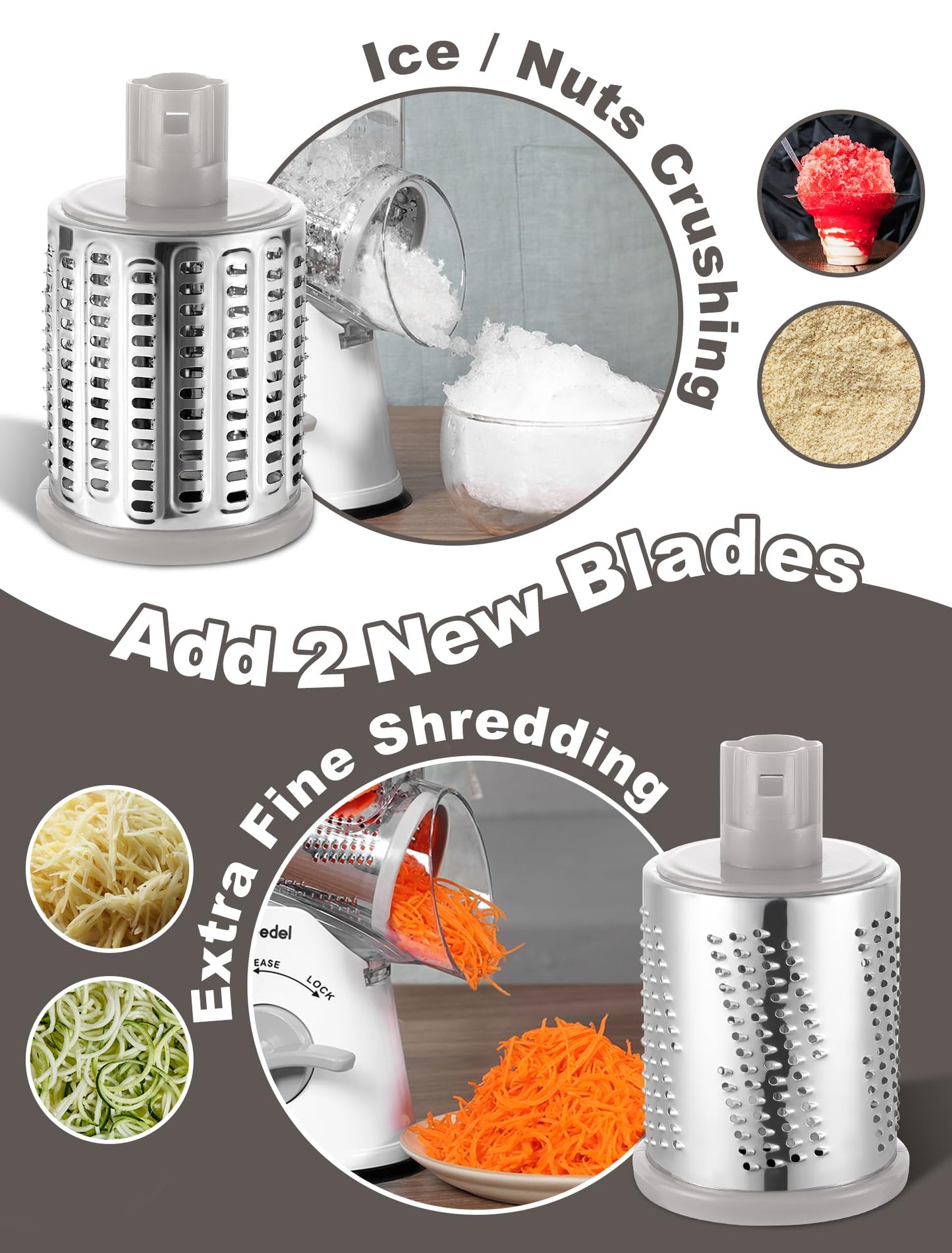 Geedel Rotary Cheese Grater Cheese Shredder - Upgraded 5-in-1 Cheese Grater with Handle and Strong Suction Base, Multi-purpose Vegetable Slicer Ice Shaver Nuts Grinder for Ice, Vegetables, Fruit, Nuts