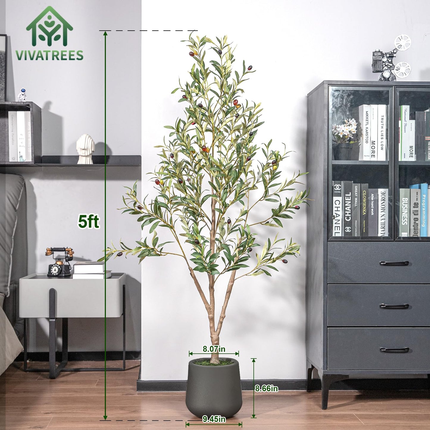 Olive Trees Artificial Indoor, 6FT Tall Faux Olive Tree with White Tall Planter, Artificial Plants with Natural Wood Trunk and Lifelike Fruits for Home Office Decor