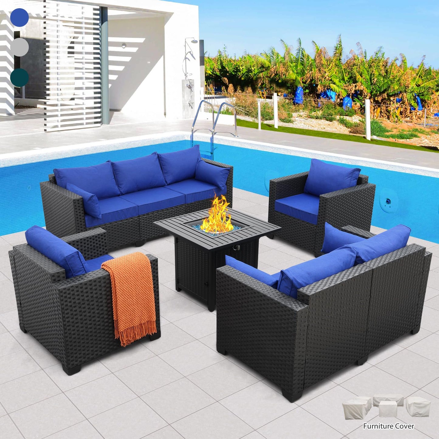 Rattaner 5 Pcs Outdoor Furniture Sets Patio Furniture Set with 45" Fire Pit Patio Couch Outdoor Chairs 60000 BTU Steel Propane Fire Pit Table No-Slip Cushions and Waterproof Covers, Light Grey